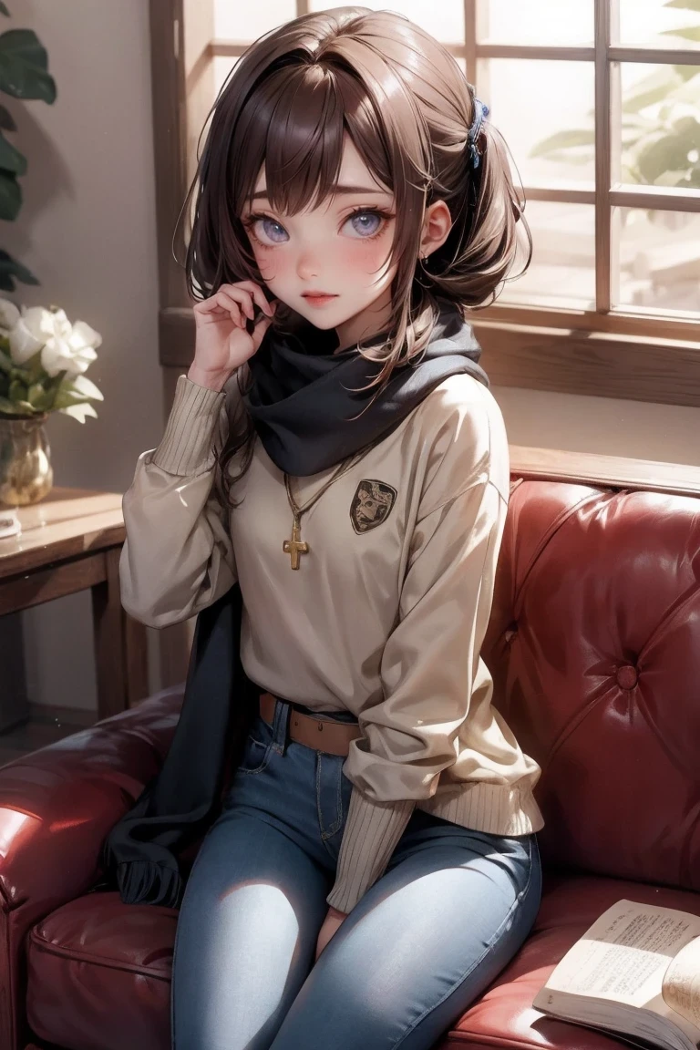 bell, Japanese cartoons, brown hair, medium breasts, brown eyes, faint smile, jeans, scarf, gray sweatshirt, blue pants, sitting, cross legs, Smart home interior, sitting on the couch, Shino Asada's face, Japanese cartoons Sword Art Online, best quality