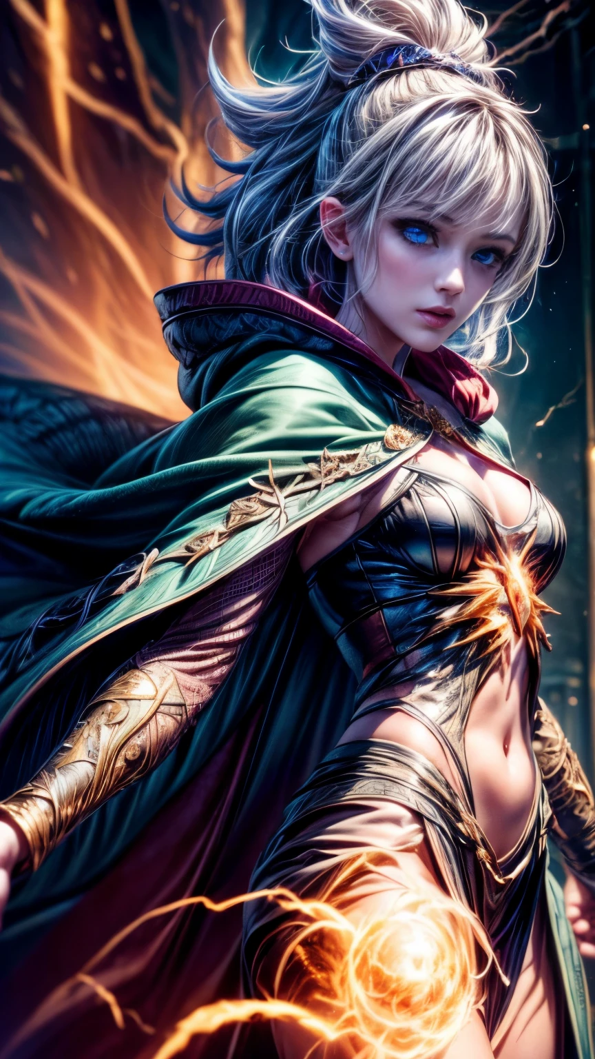(skin dents:1.5), realistic, realistic, (masterpiece:1.5), concept art, intricate details, very detailed, realistic, octane rendering, 8K, unreal engine, dynamic pose, highest quality, High resolution, (realistic face:1.1), (surreal:1.1), ((full_body)), perfect eyes,(shiny skin:1.2), (((hairstyle))), (((perfect hands))), (very detailed背景), ((dynamic background)), ((lightning)), (light), ((1 girl)), wearing a cloak, (((flowing cloak))), ((fine eyes, high quality eyes, high quality face)), (very intricate robe, magical robes), short hair, casting lightning, electricity, swirling fire, radiant power, spark, cigarette, magic, ((dramatic)), amazing, battlefield, Depth of the bounds written, Bokeh, 4k, gothic, human, particle,
