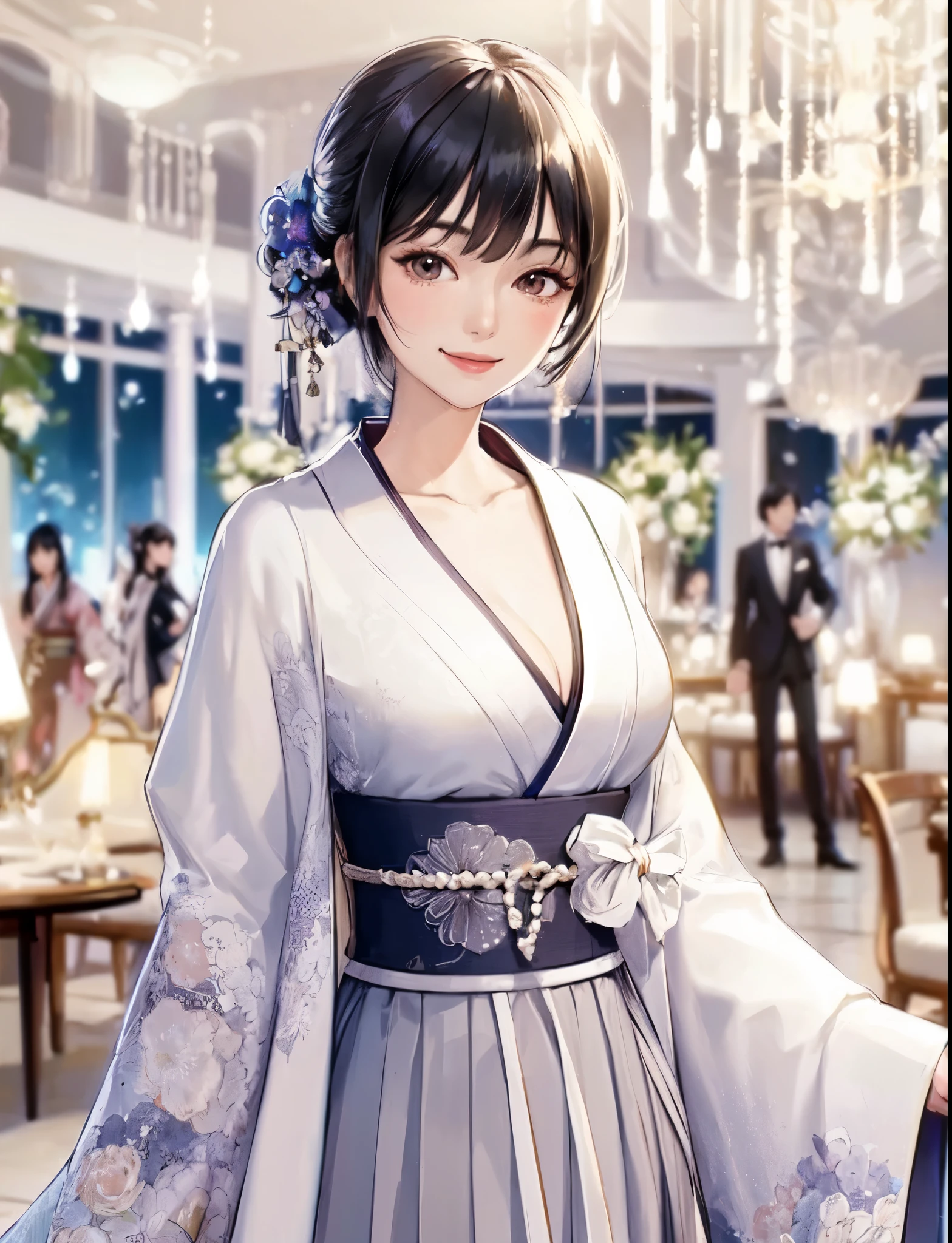 1lady solo, standing elegantly, (kimono dress) stylish, vibrant belt, mature female, /(black hair/) bangs, kind smile, (masterpiece best quality:1.2) delicate illustration ultra-detailed, large breasts BREAK (luxurious venue) indoors, crowded, chandeliers, detailed background