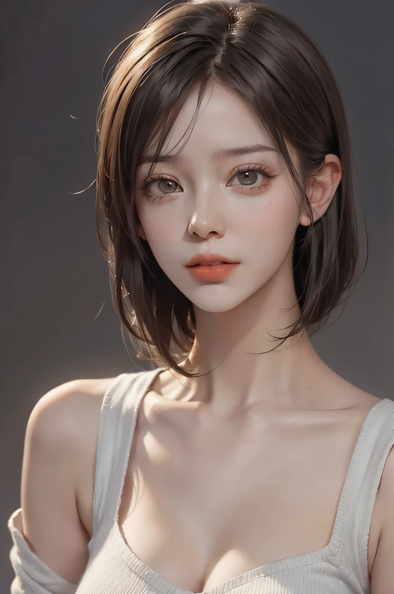 (Representative works: 1.3), (8K, realistic, RAW photo, best image quality: 1.4), (30 year old mature woman),small face, beautiful face, (realistic face),no makeup、natural makeup、light makeup、 (Dark brown, short hair: 1.3), beautiful hairstyle, realistic eyes, detailed and beautiful eyes, (realistic skin), beautiful skin, (sweater),、Bust A cup、 confused, charm, 超High resolution, Super realistic, High resolution, golden ratio, ff tifa、gray background、