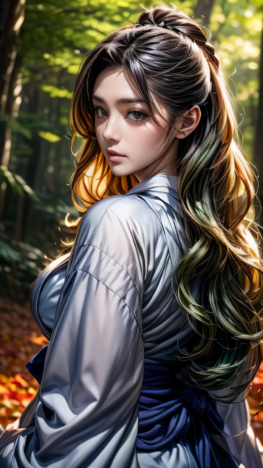 Photographed in a forest of autumn leaves、High resolution photos。Gorgeous young woman posing、Surrealistically drawn in Unity 8k。she is slender and curvaceous、Long curly hair flowing down her back、With detailed faces and eyes、It looks like it shines in the dark。(She is black･green･Wearing a white bell sleeve yukata)、1 girl, ((masterpiece、highest quality、Super fine、High resolution))、4K quality、((Beautiful woman))、22 years old、wet skin、shining eyes、perfect eyes、((Beautiful Nordic girl))、((long wavy hair))、Portrait、(((Wearing a bell sleeve yukata)))、masterpiece、highest quality、Super fine、High resolution))、4K quality、(((close up of face)))