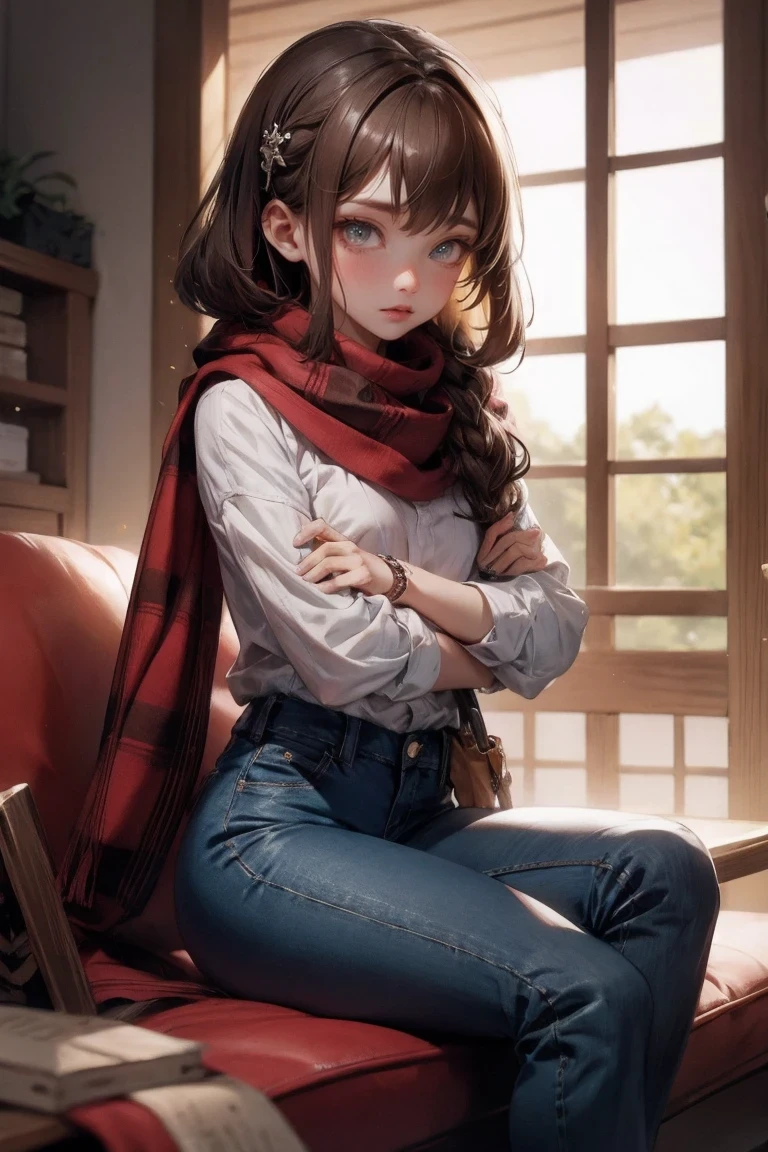 bell, Japanese cartoons, brown hair, medium breasts, brown eyes, faint smile, jeans, scarf, gray sweatshirt, blue pants, sitting, cross legs, Smart home interior, sitting on the couch, Shino Asada's face, Japanese cartoons Sword Art Online, best quality