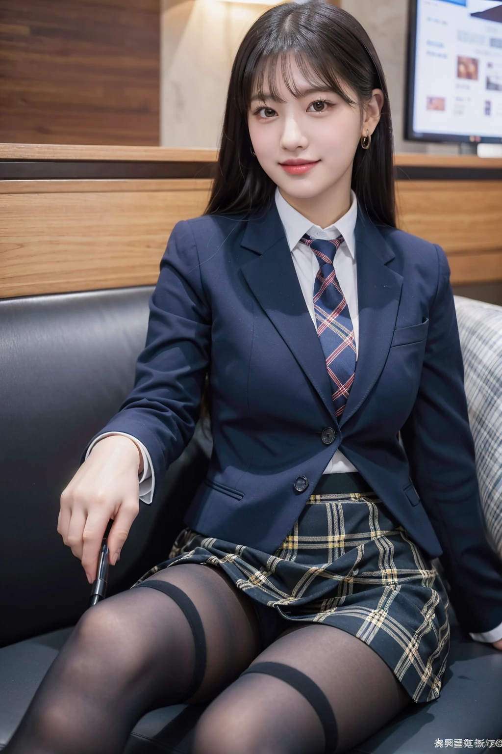 (8K), (highest quality: 1.2), (realistic), (realistic: 1.37), ultra high resolution, 1 girl, cute, smile, closed mouth, beautiful details, beautiful nose, beautiful black hair,,giant dulcefo, pork, thighs,self snap,University Student Uniform,Sitting on a couch in a fast food restaurant,simple blazer,pleated skirt,(The pattern of the skirt and tie is a tartan check pattern...:1.3), (close up on face),(光沢のあるthighs),(Opaque blue knee-high tights:1.2)