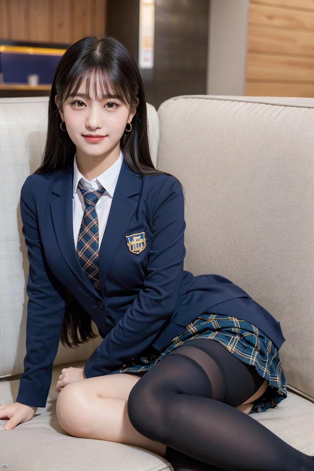 (8K), (highest quality: 1.2), (realistic), (realistic: 1.37), ultra high resolution, 1 girl, cute, smile, closed mouth, beautiful details, beautiful nose, beautiful black hair,,giant dulcefo, pork, thighs，self snap,University Student Uniform,Sitting on a couch in a fast food restaurant,simple blazer,pleated skirt,(The pattern of the skirt and tie is a tartan check pattern...:1.3), (close up on face),(光沢のあるthighs),(Opaque blue knee-high tights:1.2)
