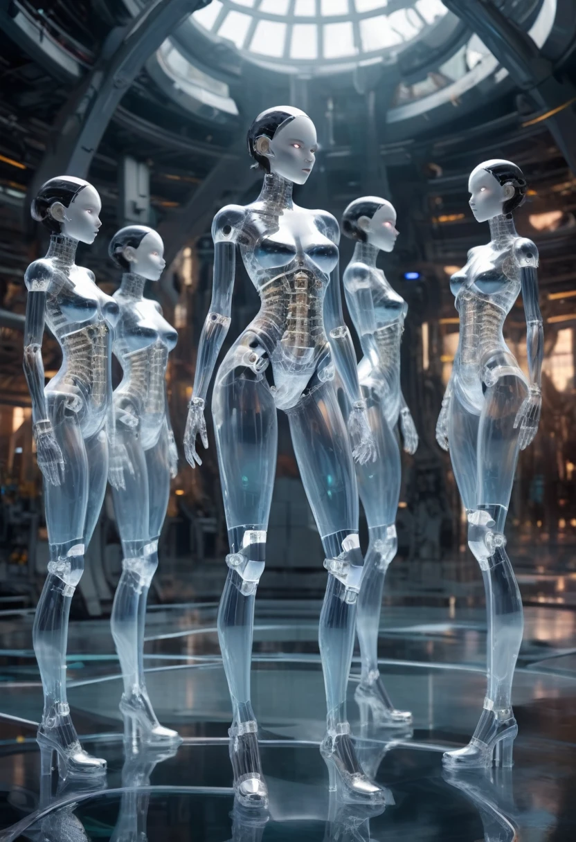 Multiple translucent, mysterious mechanical girls,
All of them have beautiful human female faces.,
All of them have mysterious mechanical bodies that are translucent except for their faces.,
All futuristic girls,
All are mechanical joint girls,
full body shot,
everyone is standing,
Everyone is showing each other their bodies,
futuristic city background