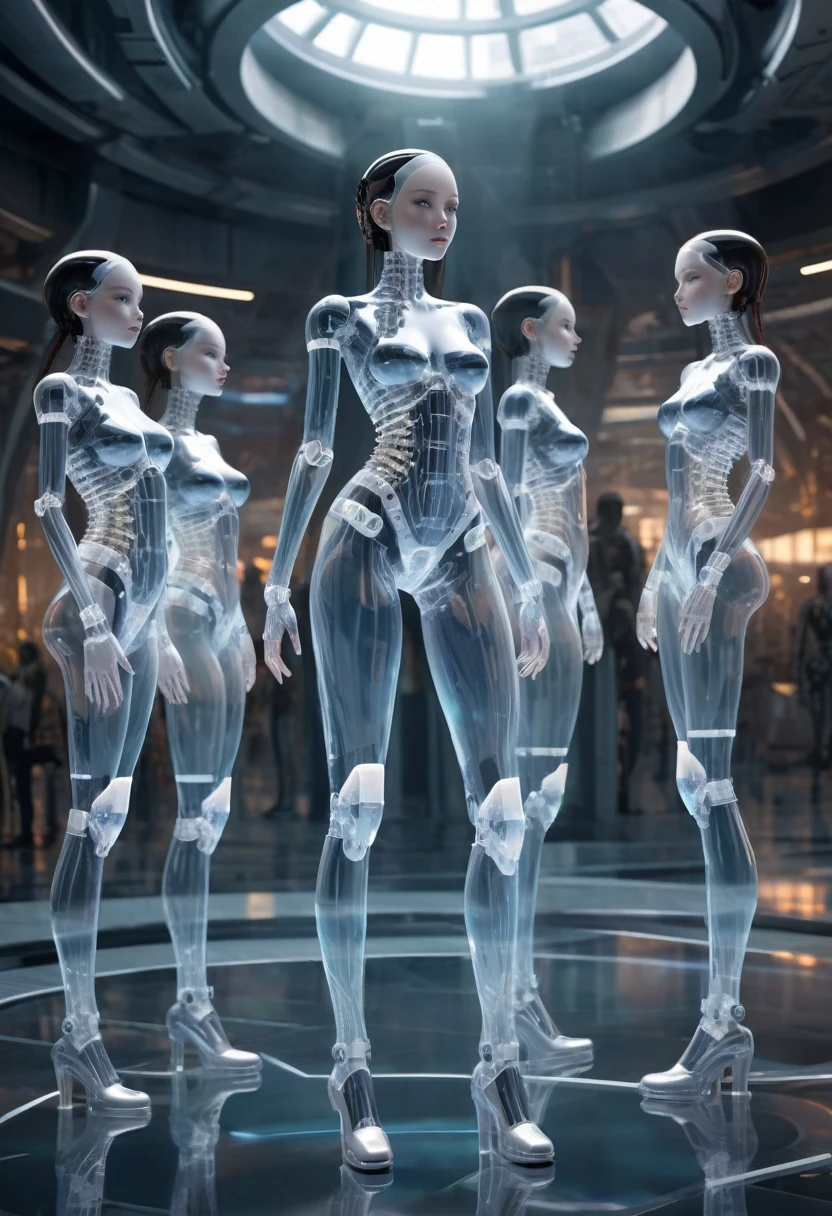 Multiple translucent, mysterious mechanical girls,
All of them have beautiful human female faces.,
All of them have mysterious mechanical bodies that are translucent except for their faces.,
All futuristic girls,
All are mechanical joint girls,
full body shot,
everyone is standing,
Everyone is showing each other their bodies,
futuristic city background