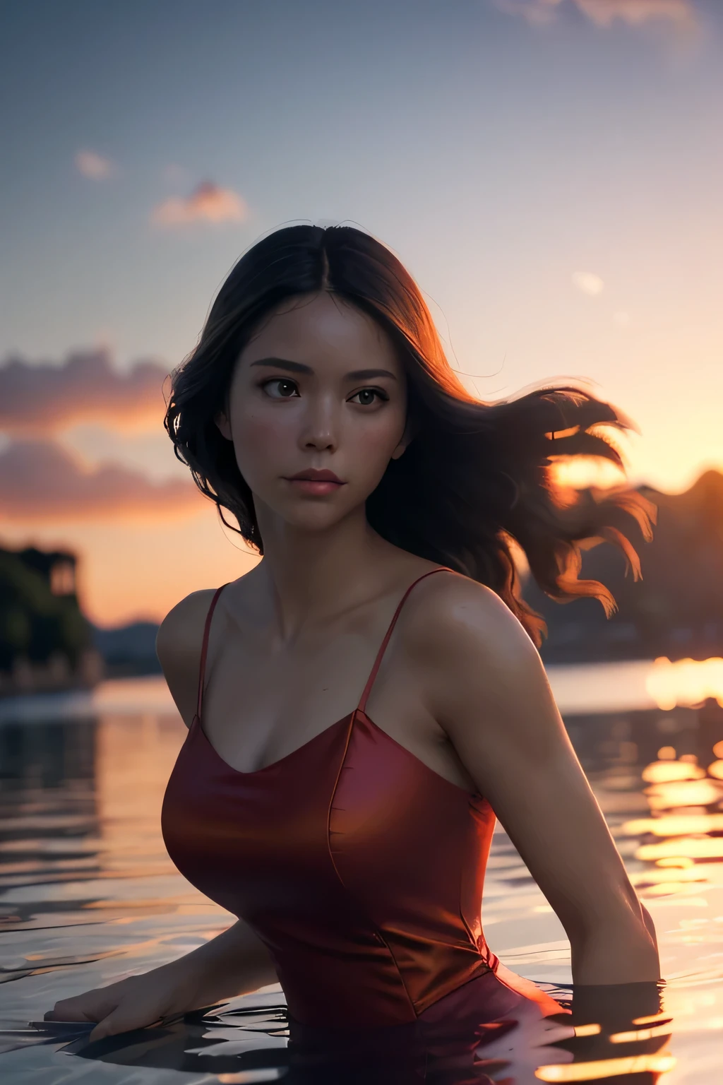 (masterpiece), (very complicated:1.3), (realistic), girl portrait, lying on her back floating on the surface of the water, (dynamic perspective), the most beautiful in the world, (red camisole dress), sateen reflection, outdoor, intense sunlight, distant fortress, Stunning female professional photo details, sharp focus, dramatic, Award history, cinematic lighting, Octane Rendering Unreal Engine, volumetrics dtx, (film grain, blurred background, blurred foreground, Bokeh, Depth of the bounds written, sunset, motion blur:1.3)