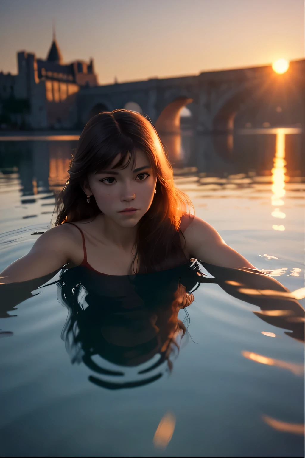 (masterpiece), (very complicated:1.3), (realistic), girl portrait, lying on her back floating on the surface of the water, (dynamic perspective), the most beautiful in the world, (red camisole dress), sateen reflection, outdoor, intense sunlight, distant fortress, Stunning female professional photo details, sharp focus, dramatic, Award history, cinematic lighting, Octane Rendering Unreal Engine, volumetrics dtx, (film grain, blurred background, blurred foreground, Bokeh, Depth of the bounds written, sunset, motion blur:1.3)