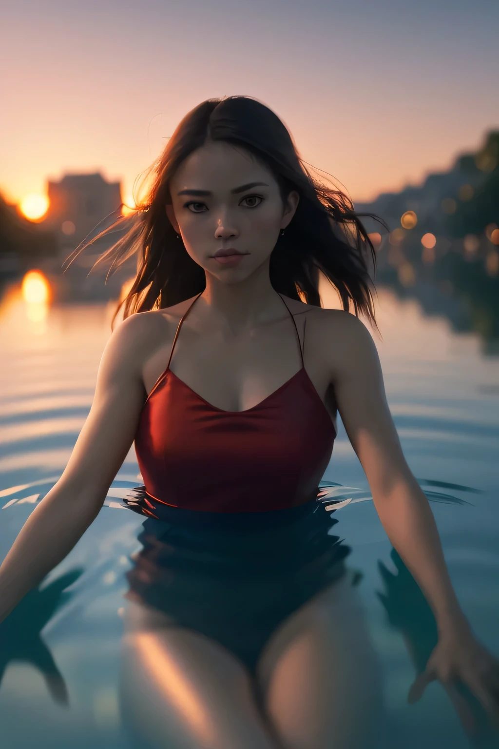 (masterpiece), (very complicated:1.3), (realistic), girl portrait, lying on her back floating on the surface of the water, (dynamic perspective), the most beautiful in the world, (red camisole dress), sateen reflection, outdoor, intense sunlight, distant fortress, Stunning female professional photo details, sharp focus, dramatic, Award history, cinematic lighting, Octane Rendering Unreal Engine, volumetrics dtx, (film grain, blurred background, blurred foreground, Bokeh, Depth of the bounds written, sunset, motion blur:1.3)