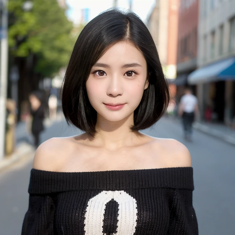 (kawaii 24 year-old Japanese girl, Nogizaka idol, Korean idol), (glossy black hair, pixie cut:1.3), (rounded face, single eyelid, no makeup, soft smiling:1.2), forehead, (wearing off-shoulder knitted onepiece sweater:1.3), (well shaped extra small breasts), (looking at viewer:1.2), BREAK, (at night street in downtown background:1.3), (dynamic angle, face focus:1.3), BREAK, (masterpiece, best quality, photo realistic, official art:1.4), (UHD, 8K quality wallpaper, high resolution, raw photo, film grain:1.2), (shiny skin), professional lighting, physically based rendering, award winning, (perfect anatomy, highly detailed skin textures, extremely detailed face and eyes, well drawn glittering pupils), Carl Zeiss 85 mm F/1.4, depth of field, 1girl, solo,
