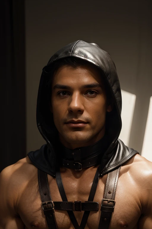 man naked using a leather Hood Eyes And Nose bondage mask, man on his knees, realistic male, fit man, shirtless man, fetish hood, bondage, bdsm accessories, nude man, slim fit, sensual expression, natural lights, detailed naked skin, 4k, hd, sharp focus, professional, best quality, gay underwear, leather hood, kinkiest fetish, leather harness,