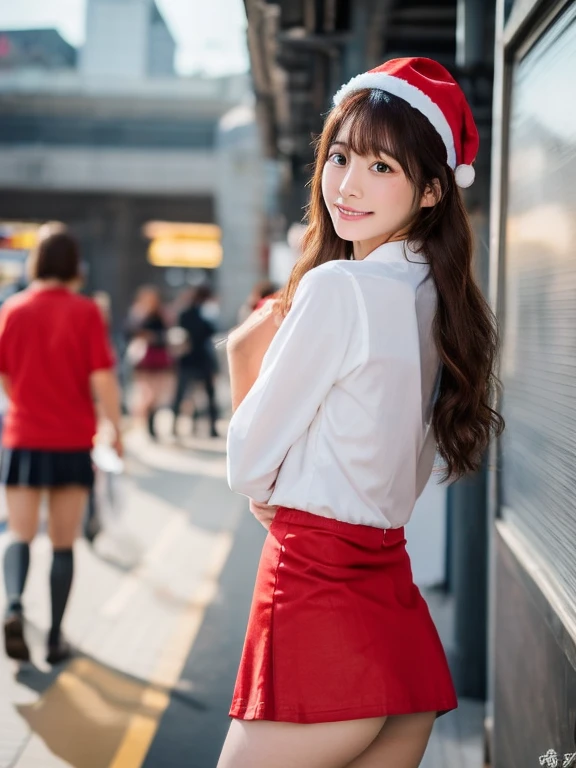 highest quality、16K image、1 Japanese women、Wearing a bright red Santa Claus costume、mini skirt、detailed face、detailed pupil、beautiful lips、slender body、When I was on the platform of the station, Japan steam locomotive D51 came in、SLWave Destination、Photographed by a professional photographer,(mini skirt:1.5),(No panties:1.5)、