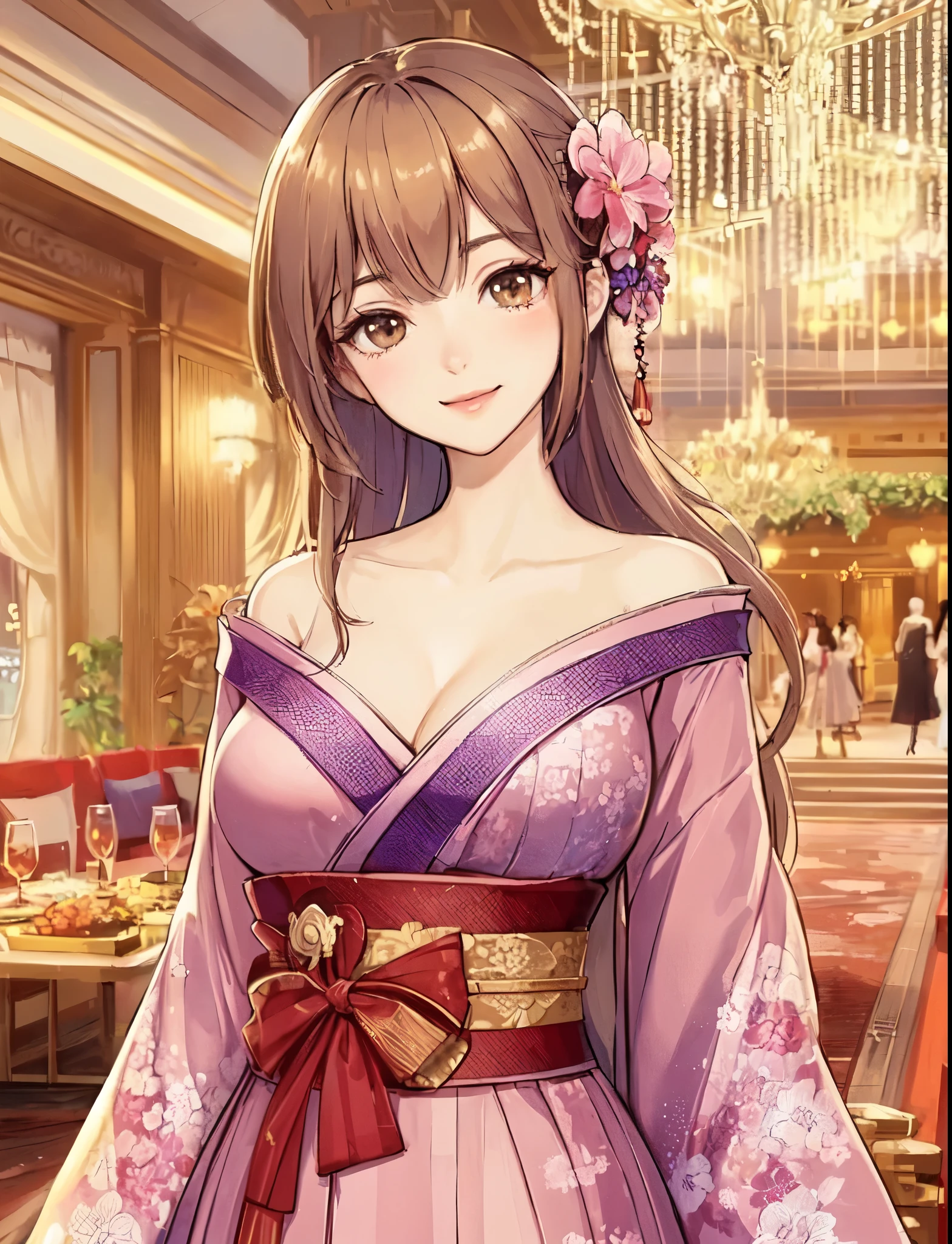 1lady solo, standing elegantly, (kimono dress) stylish, vibrant belt, mature female, /(light brown hair/) bangs, kind smile, (masterpiece best quality:1.2) delicate illustration ultra-detailed, large breasts BREAK (luxurious venue) indoors, crowded, chandeliers, detailed background