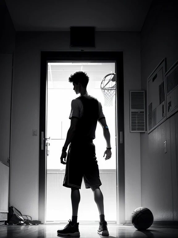 arafed man standing in front of a door with a basketball ball, strong silhouette, detailed silhouette, silhouette of man, from then on a basketball, in the high school gym, in the early morning, standing in a dimly lit room, silhouette, silhouette!!!, thin young male, cinematic full body shot, silhouette of a man, black and white artistic photo