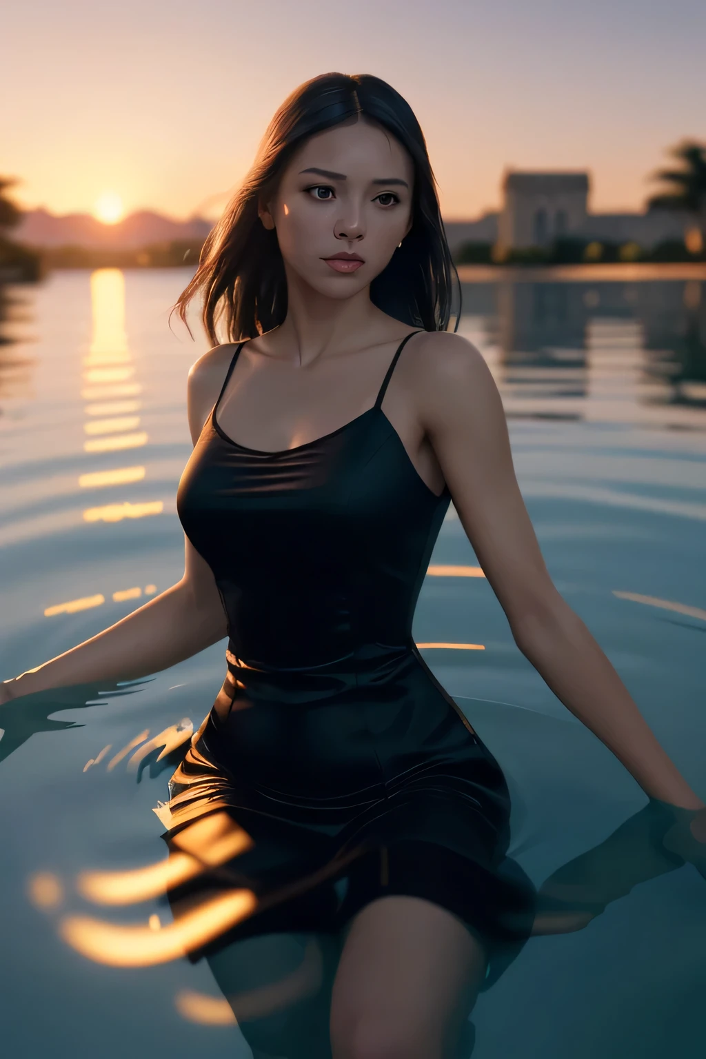 (masterpiece), (very complicated:1.3), (realistic), girl portrait, lying on her back floating on the surface of the water, (dynamic perspective), the most beautiful in the world, (black camisole dress), sateen reflection, outdoor, intense sunlight, distant fortress, Stunning female professional photo details, sharp focus, dramatic, Award history, cinematic lighting, Octane Rendering Unreal Engine, volumetrics dtx, (film grain, blurred background, blurred foreground, Bokeh, Depth of the bounds written, sunset, motion blur:1.3)