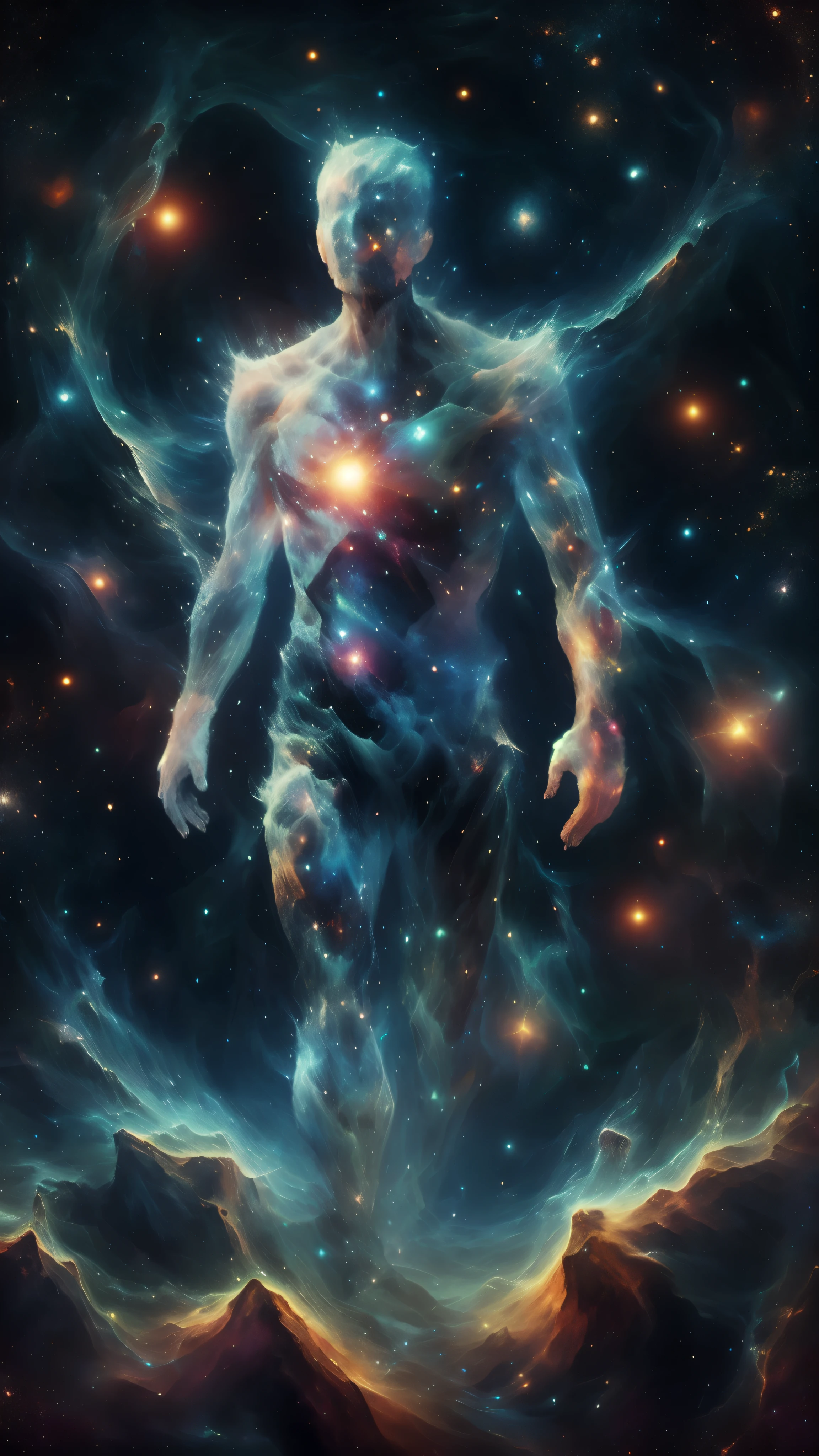 cosmic hands, make his hands made up of the cosmos, astral nebula hands 