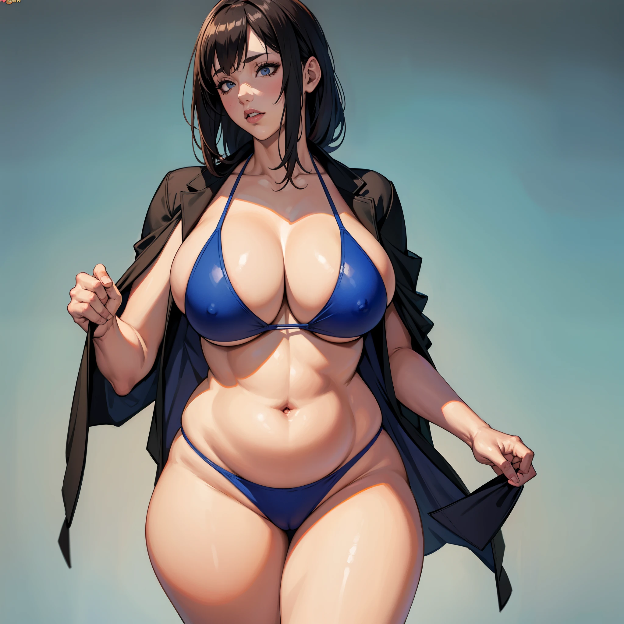 Close-up of a woman in a bikini and jacket, Tik, Thick body, bbw sauce, OPPEIN proportions, realistic bikini, She has a wobbly fat belly, Super realistic full picture, sexy body, OPPEIN, Realistic shadow perfect body, high resolution committee, extremely plump, enchanting figure, Large chest