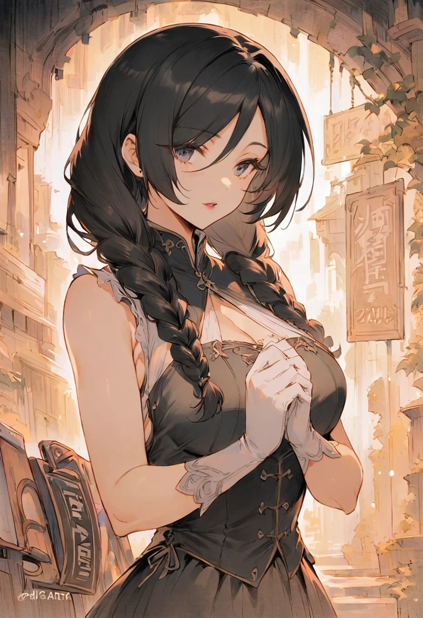 Lin Mingmei, 1 girl, alone, monochrome, braid, looking at the audience, skirt, long hair, traditional media, sign, Bangs, cosmetic, Put your hands together, black hair, Upper body, lipstick, drill hair, artist name, twin braids, bridal gloves, sleeveless