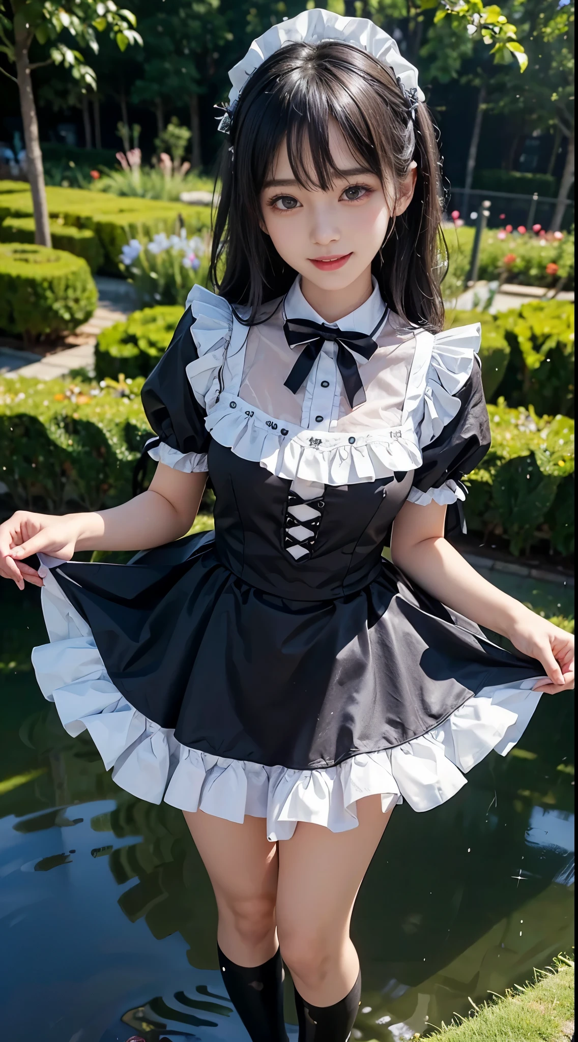 top-quality、8K Masterpiece、ultra-detailed face、1 childish girl、 wearing maid costume、Full body、kawaii pose、professional lighting、Happy expression、Shiny wet crow hair、perfect anatomy、garden