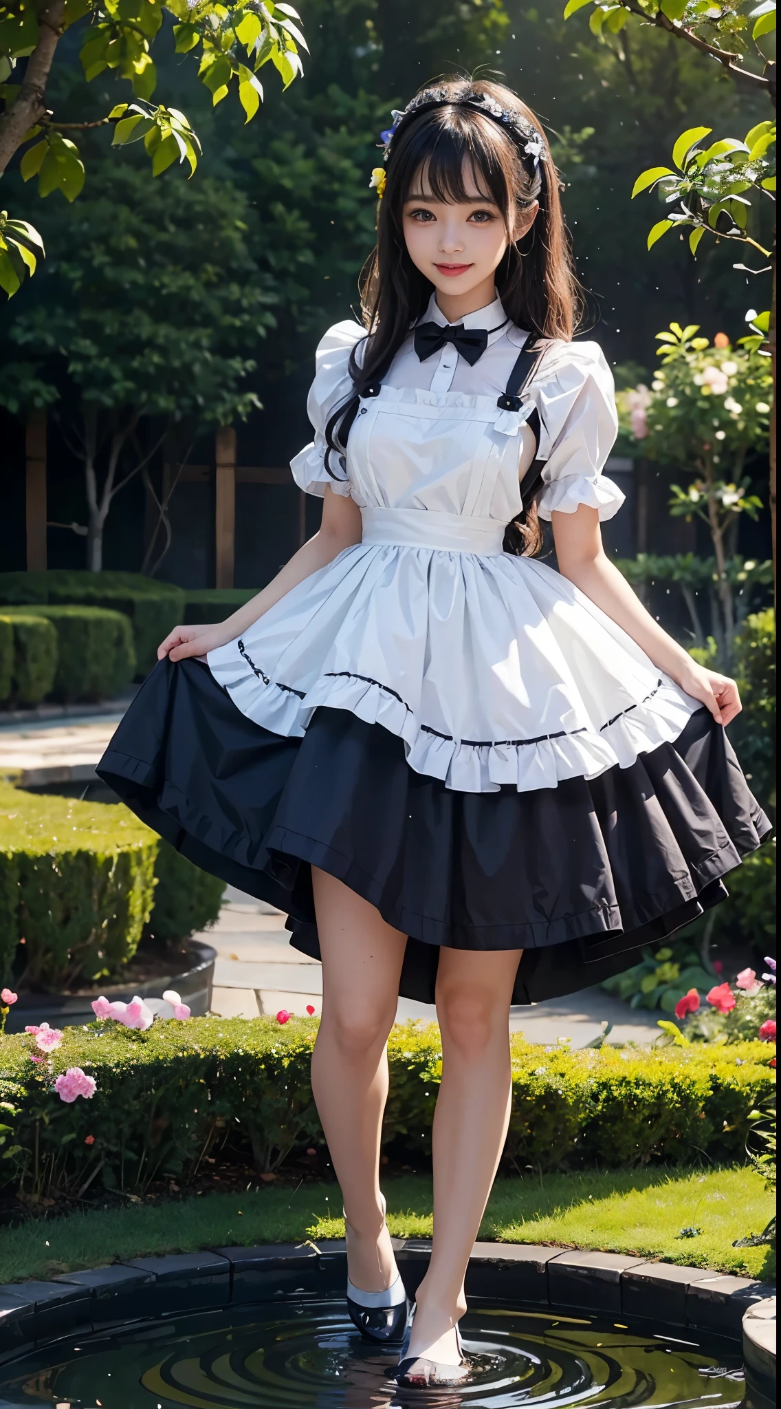 top-quality、8K Masterpiece、ultra-detailed face、1 childish girl、 wearing maid costume、Full body、kawaii pose、professional lighting、Happy expression、Shiny wet crow hair、perfect anatomy、garden