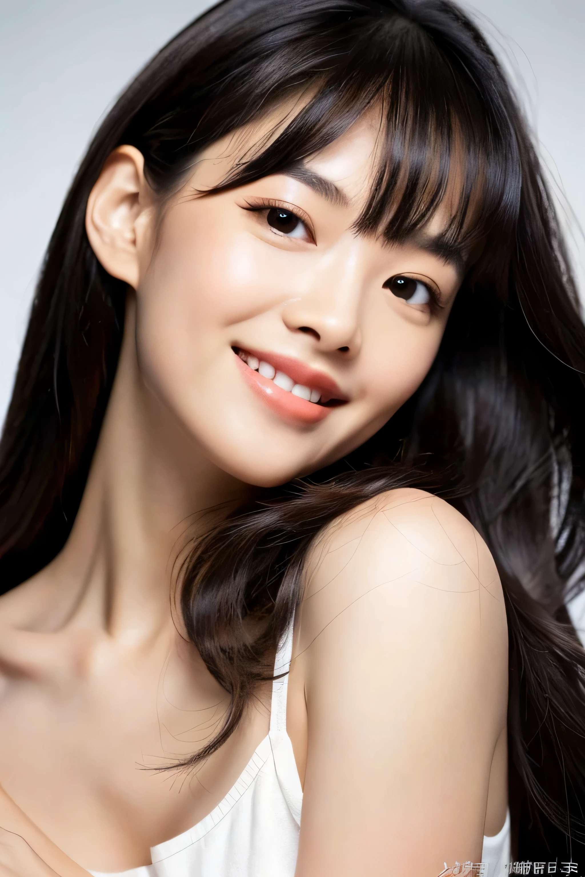 ((highest quality)), ((masterpiece)), (be familiar with), perfect face ((highest quality)), ((masterpiece)), (be familiar with), perfect face arafed woman with long black hair standing in front of a wall, long black shiny hair, black silky hair, Extra Dark Natural Black Hair, long straight black hair, long black straight hair, Perfect silky straight hair, straight black hair, long black hair, her hair is long and straight, detailed long black hair (Extremely huge breasts 1.8) (super long hair down to ankles) One female 28 years old Japan's sexiest cabaret club girl smiling face neat bangs The neatly arranged bangs are a princess cut that covers the entire forehead. bright red lip (Close-up from neck up) detailed hands detailed fingers five fingers (narrow mouth) natural makeup (head facing forward) close-up of the whole body black camisole