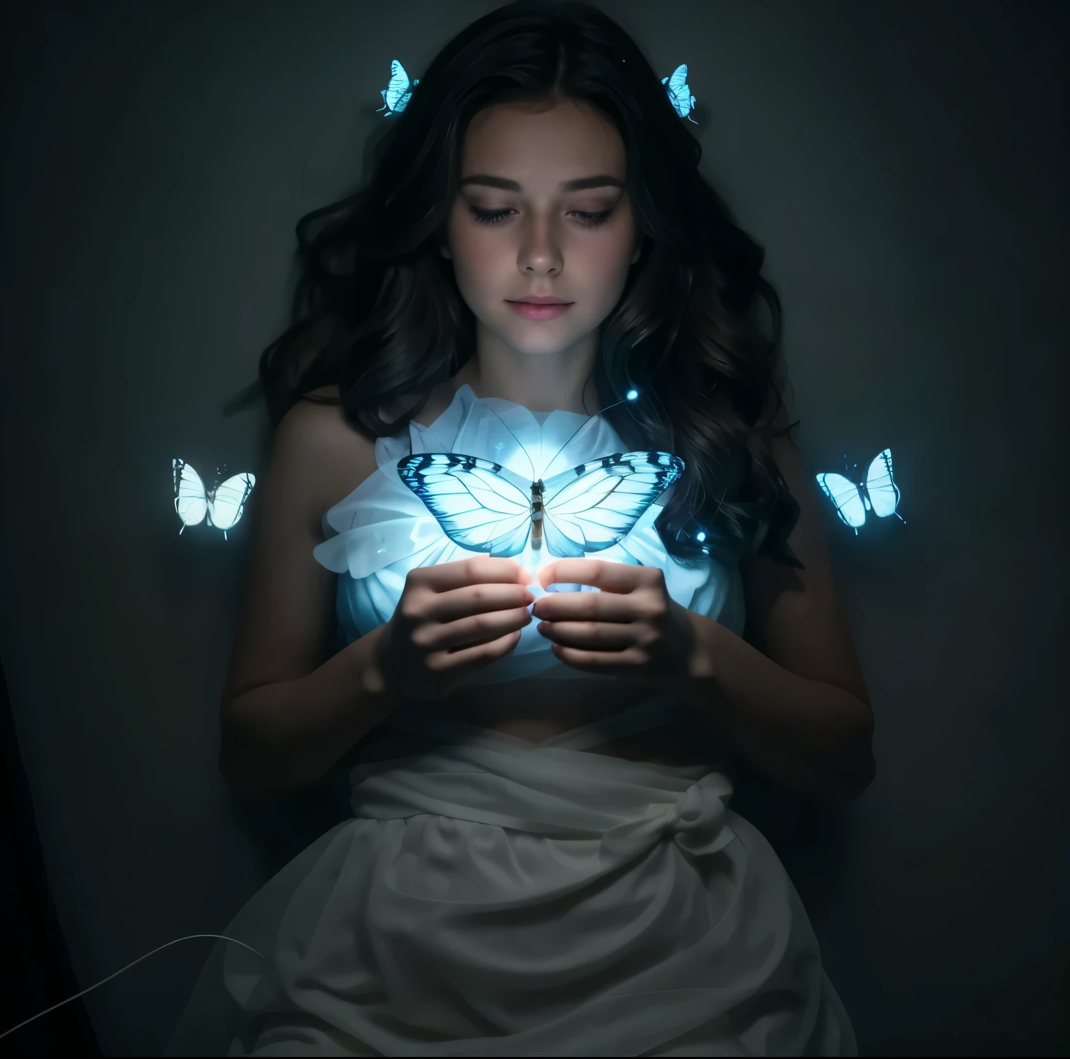 there is a woman holding a butterfly light up in the dark, butterfly lighting, brandon woelfel, glowing butterflies, a still of an ethereal, by Adam Marczyński, soft butterfly lighting, by Max Dauthendey, with glowing eyes, glowing, light effect. feminine, fanart, glowing blue butterflies, wings made of light, with backlight