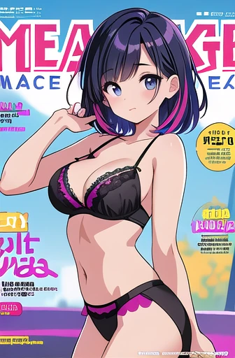 masterpeace, best quality, (lingerie), vibrant colors, Volumetric Lighting, Best Shadows, Shallow Depth of Field, (Highest Quality, Amazing Details:1.25), Brilliant Colorful Paintings, small breasts, ((magazine cover)), magazine title, text, blurry background, 2 tone hair,