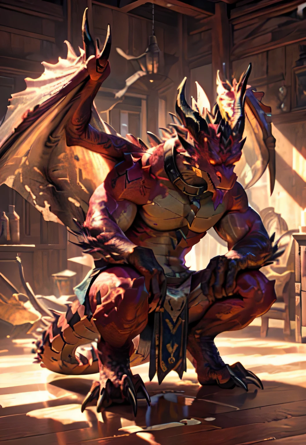 alone, (muscular), (Male human dragon):1.3, Bright scales, (Kamimei):1.3, (Common:1.4) (prayer):1.23, (，Wearing a short white loincloth）, exquisite eyes, lizard tail,A pair of dragon horns, A pair of dragon wings, (exquisite eyes，stripe，sharp claws，Cute animal paw，Sticking out tongue，careless person，Liquid spilled all over body，Air leakage in lower body，Fluid leaking from the lower body，Milk spilled all over the floor，glowing eyes):1.1, (in the room:1.35), In the bedroom，Squatting on the bed，dim，be licked，enjoy，obsessed， Face turned red，collar，Submit to，caress，drunk，Smile，enjoy，looking at camera，Submit to，having fun，Detailed background，realistically，realistic hand，8k high dynamic range，（shadow，wide dynamic range，high dynamic range，emphasize：1.2）