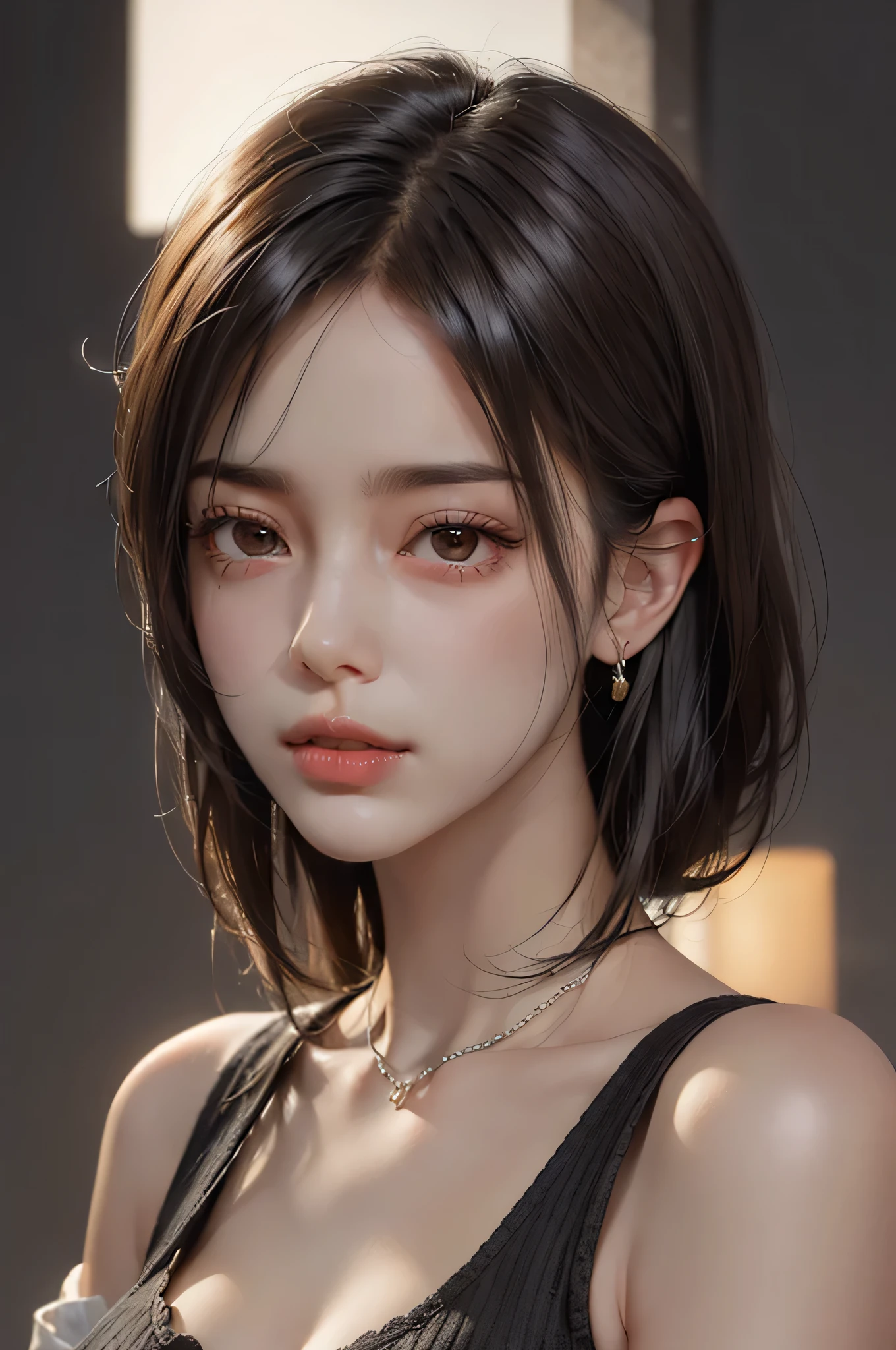 (Representative works: 1.3), (8K, realistic, RAW photo, best image quality: 1.4), (30 year old mature woman),small face, beautiful face, (realistic face),no makeup、natural makeup、light makeup、 (Dark brown, short hair: 1.3), beautiful hairstyle, realistic eyes, detailed and beautiful eyes, (realistic skin), beautiful skin, (sweater),、Bust A cup、 confused, charm, 超High resolution, Super realistic, High resolution, golden ratio, ff tifa、gray background、