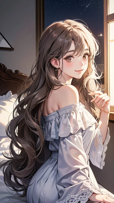 (at night, digital illustration, 4k, 8k, Super detailed, beautiful images, clear image, perfect face, perfect lines, perfect eyes) 1 female, (in bedroom, gray long wavy hair, innocent look, look at viewer, side view,Over-the-shoulder ,droopy eyes, brown eyes, innocence, cute, smile gently,27 years old:1.3, embarrassing, shy smile:1.2), off shoulder top , Piercing