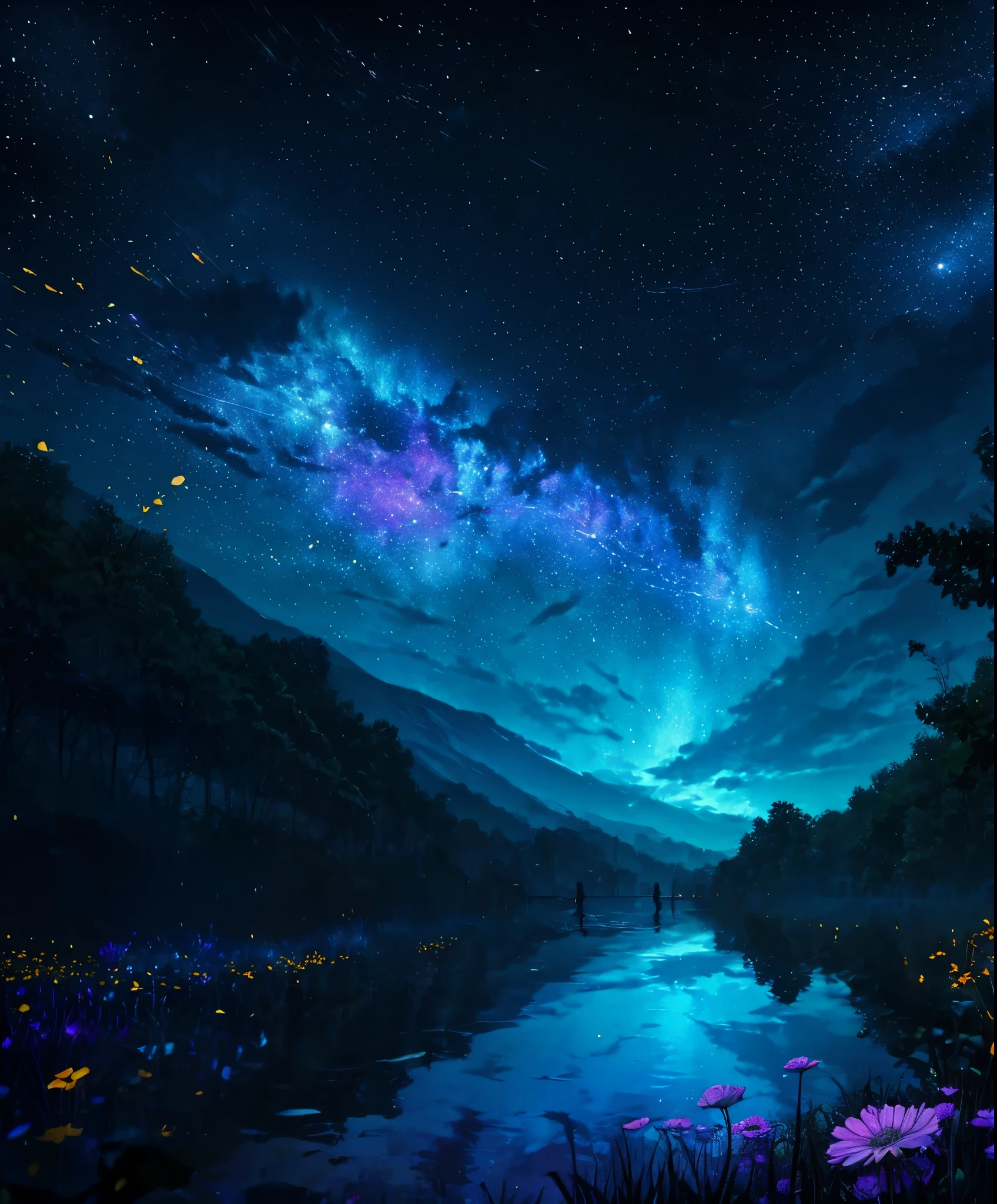 Cute girl characters、Depicts a scene of grassy butterflies flitting about lying on the surface of the water, Look up at the starry sky. Surround her with colorful nebulas and your favorite constellations。.