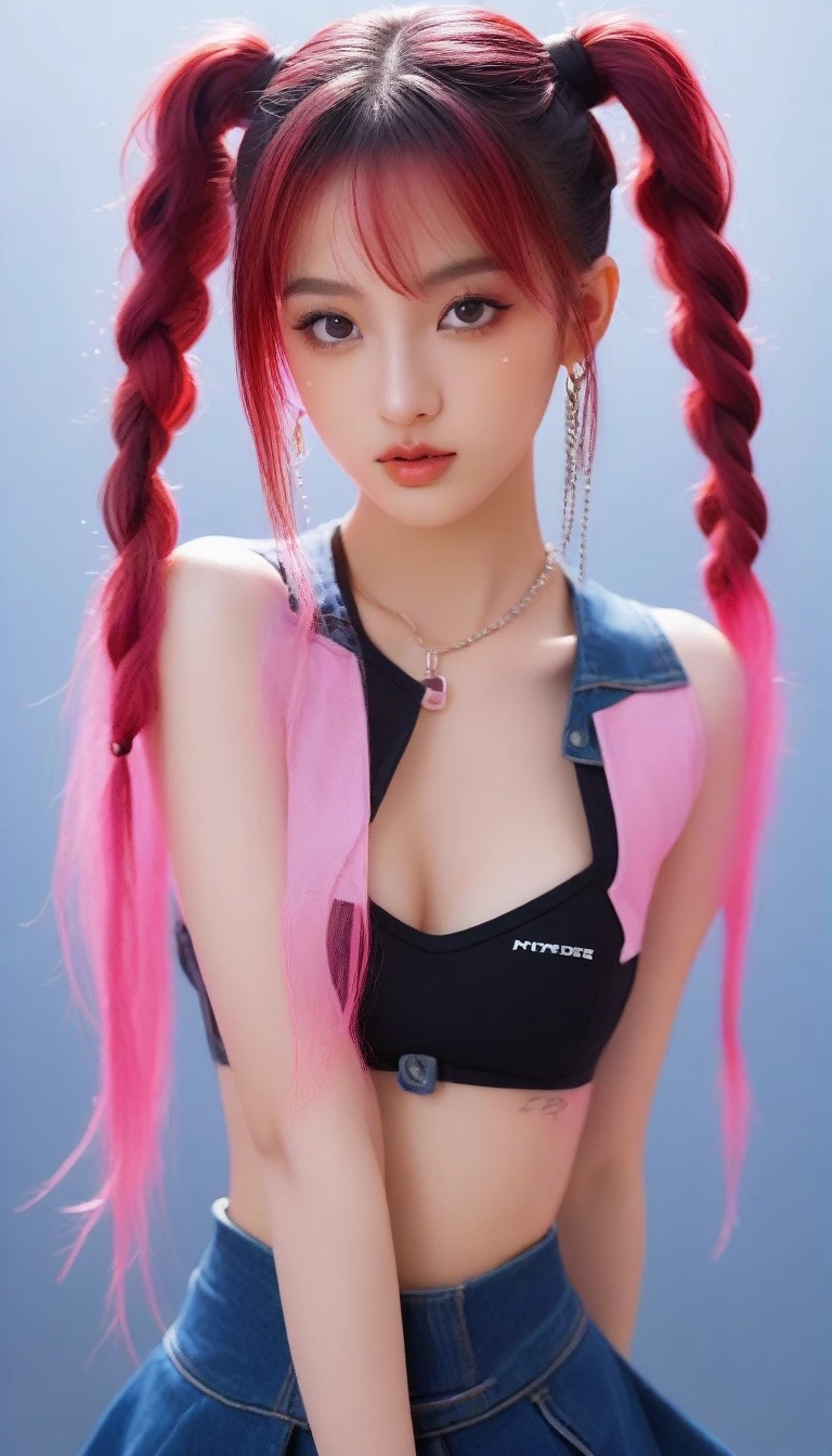 kyotopunk, cyberpunk, anime style, 1girl, woman, punk bad girl, cameltoe, [:wild, seductive costume design,:0.2], bombshell punk hair, neon sunset hair, U-cut, denim skirt, bombshell hair, neon crimson hair, french braids,Tri-Braided Bun, thick thighs, narrow waist, japanese