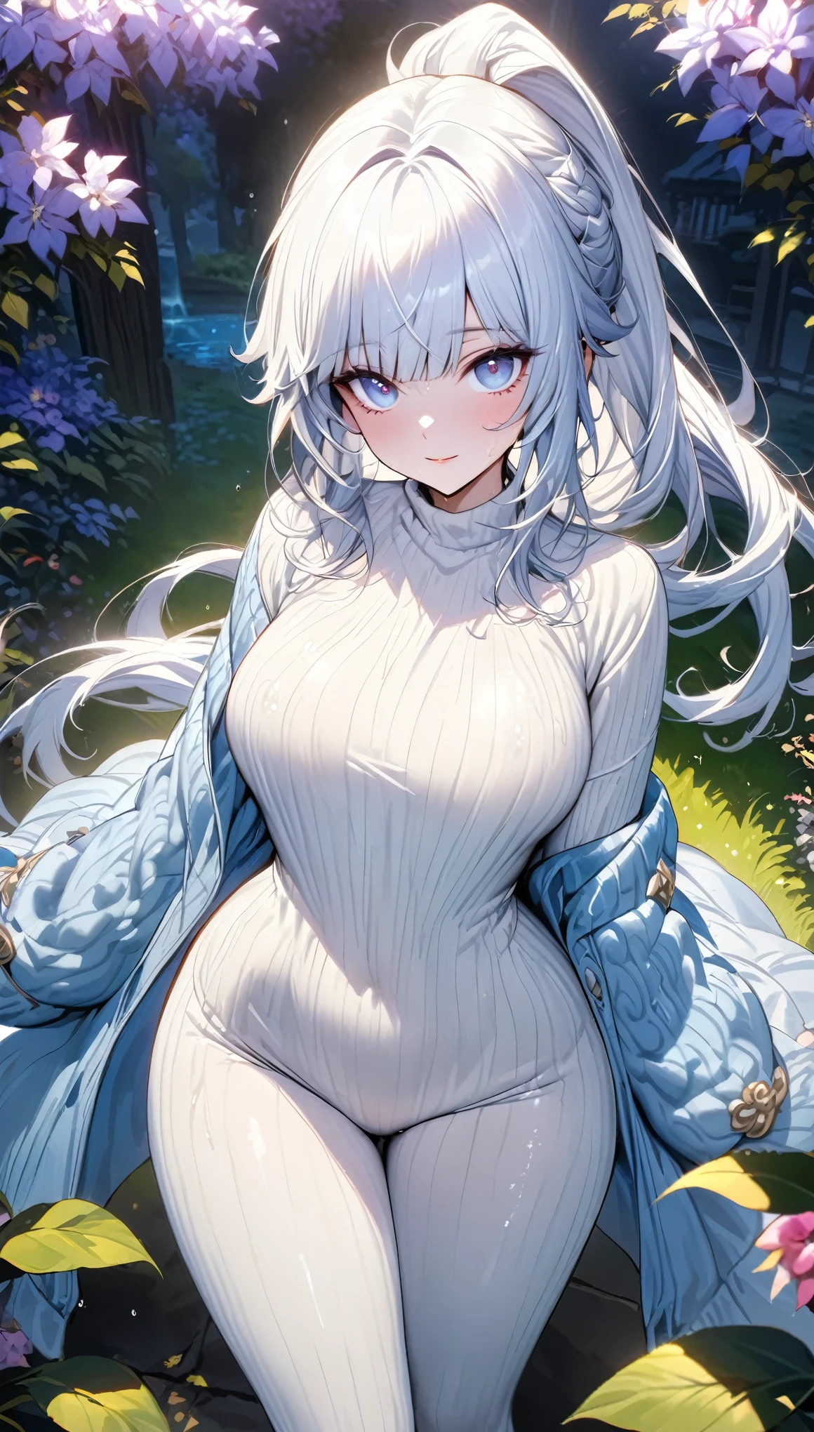 ayaka genshin impact, (masterpiece:1.2), (highest quality:1.2),, Curvy but slender body, perfect eyes, perfect face, perfect lighting, 1 girl, in the garden, (The whole body is visible),(walking),(knitted sweater),(cute gesture),(smile),(ponytail),curly hair, Fine clothes, Detailed outdoor background, compensate, eye shadow, thick eyelashes, fantasy, looking at the viewer, whole body, blue sky、Bright and very beautiful face、young shiny glossy white shiny skin、the best beauty、The most beautiful bright blonde hair in the world、silver hair、long ponytail hair、Shining beautiful bangs、Glowing crystal clear big blue eyes、Very beautiful lovely 17 year old most beautiful girl in the world, no bra, close up until hips, no bra, moderate breast, wet crotch, side