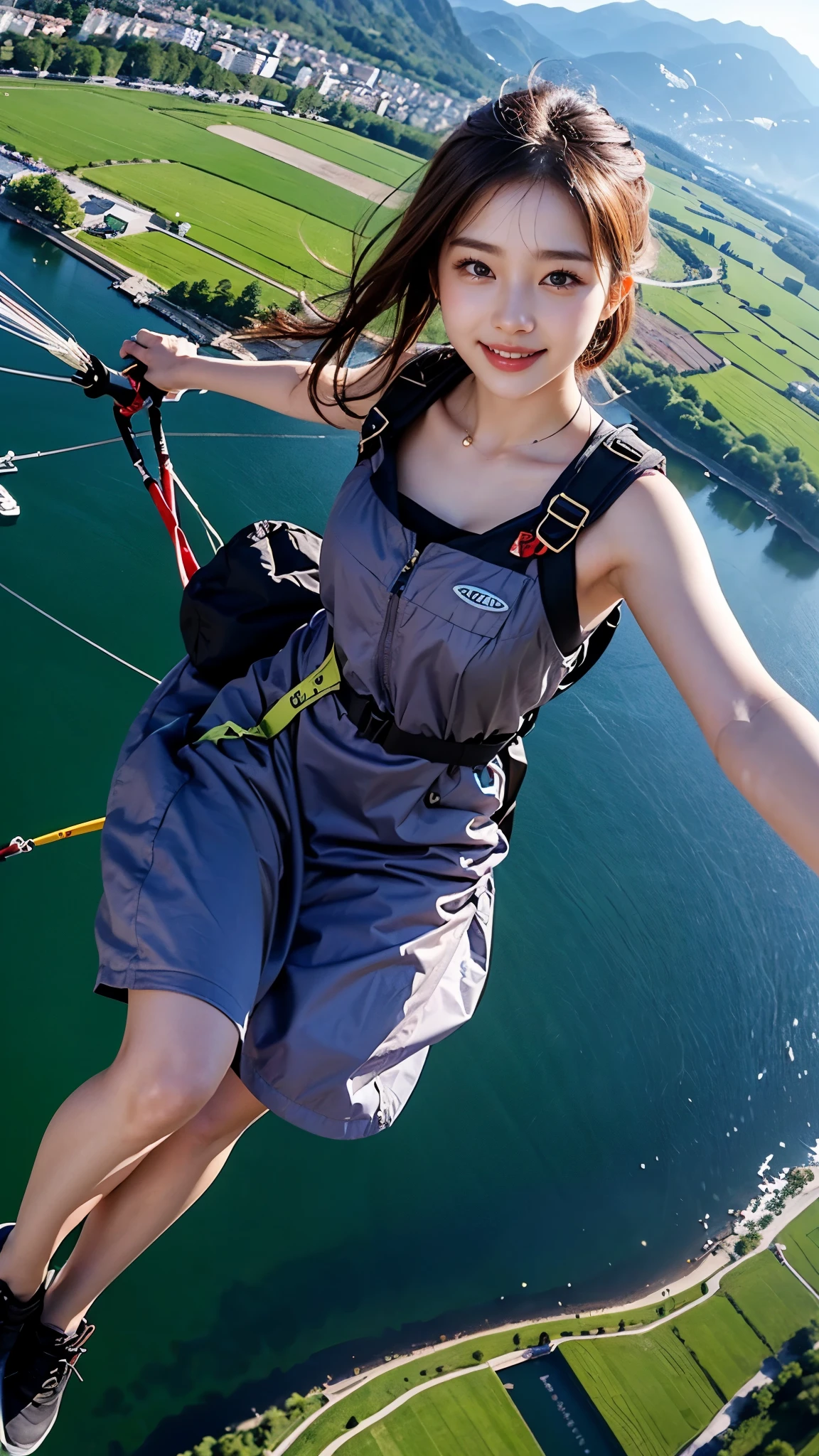 Beautiful 18 Years Korean Girl, Paragliding On switzerland alaps valley, ((On air)), ((Paragliding)), Solo, Air, Realistic, Ultra HD, 8k unity walpaper, Ray Tracing, Beautiful smile, (smile:1.2), ((Yellow Knee length frock)), detailed background, Detailed skin, detailed dress, Heavy Wind, Long Black hair, Real skin, cinematic lighting, cinematic Photography, High resolution Dress Quality, High resolution picture quality
