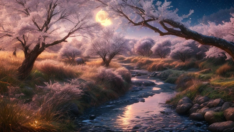 A painting of a river with a full moon in the background, Moonlight night dreamy atmosphere, Spring evening, beautiful art, Dynamic lighting during cherry blossom season, a dream-like scene, cherry blossom forest, soft moonlight lighting, moonlight, !!beautiful!!, pink moon, gorgeous art, dreamy atmosphere, the glow of the moonlight, Moonlight night, Cherry tree, Moonlight at night