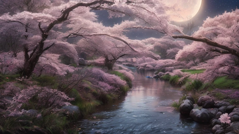 A painting of a river with a full moon in the background, Moonlight night dreamy atmosphere, Spring evening, beautiful art, Dynamic lighting during cherry blossom season, a dream-like scene, cherry blossom forest, soft moonlight lighting, moonlight, !!beautiful!!, pink moon, gorgeous art, dreamy atmosphere, the glow of the moonlight, Moonlight night, Cherry tree, Moonlight at night