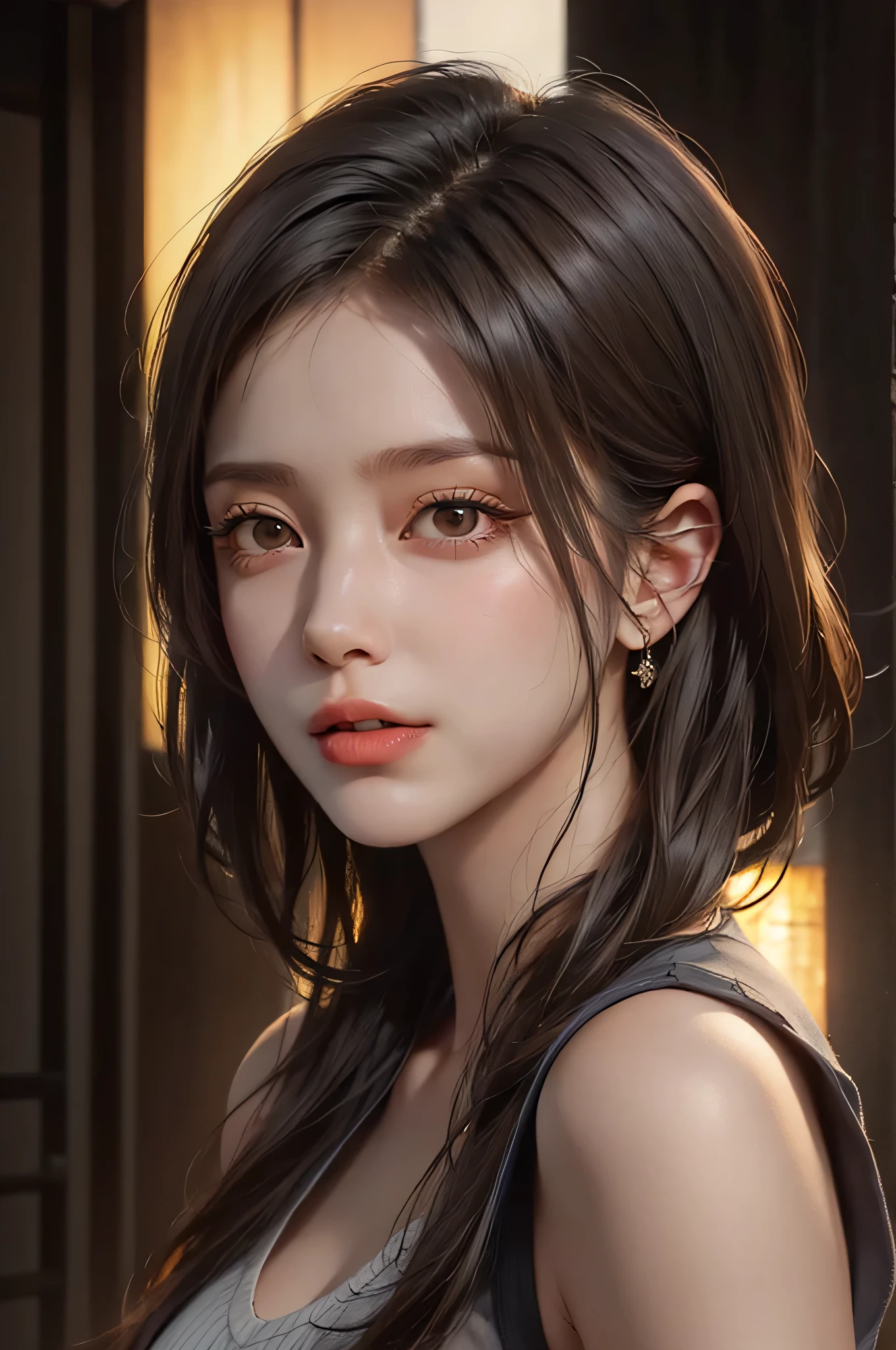 (Representative works: 1.3), (8K, realistic, RAW photo, best image quality: 1.4), (30 year old mature woman),small face, beautiful face, (realistic face),no makeup、natural makeup、light makeup、 (Dark brown, short hair: 1.3), beautiful hairstyle, realistic eyes, detailed and beautiful eyes, (realistic skin), beautiful skin, (sweater),、Bust A cup、 confused, charm, 超High resolution, Super realistic, High resolution, golden ratio, ff tifa、gray background、