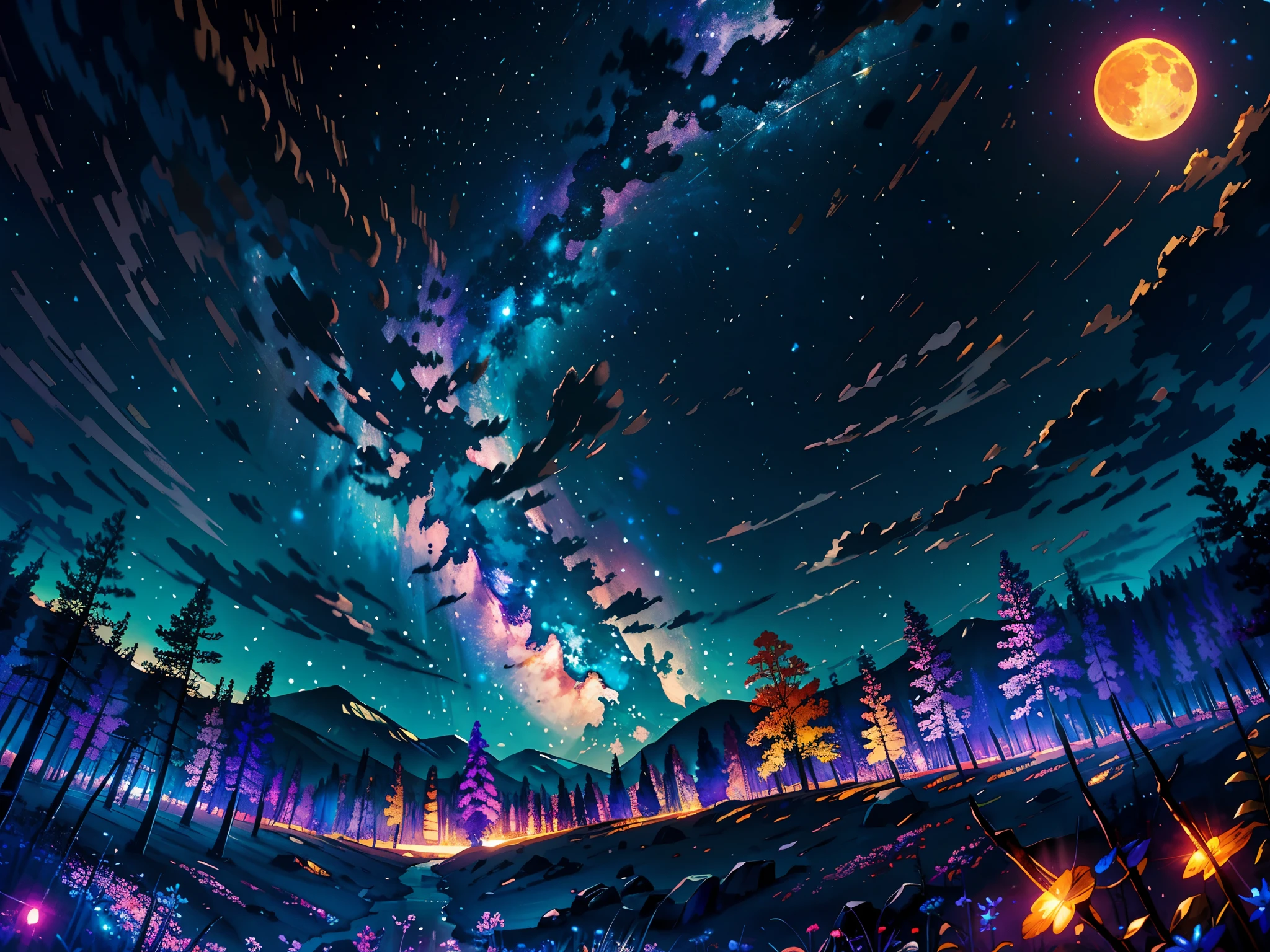 Wide landscape photography, (Looking from below, you can see the sky and the forest below.), Standing in a field of flowers, looking up, (full moon: 1.2), (shooting stars: 0.9), (nebula: 1.3), distant mountains, tree BREAK production art, (warm light source: 1.2), (firefly: 1.2), lamp, Purple & Orange, complicated details, Adjust BREAK volume (Masterpiece: 1.2), (Highest quality ), 4k, very detailed, (dynamic configuration: 1.4), Highly detailed and colorful details (rainbow colors: 1.2), (sparkling light, Atmosphere light), dreamlike, magical, (alone: 1.2)