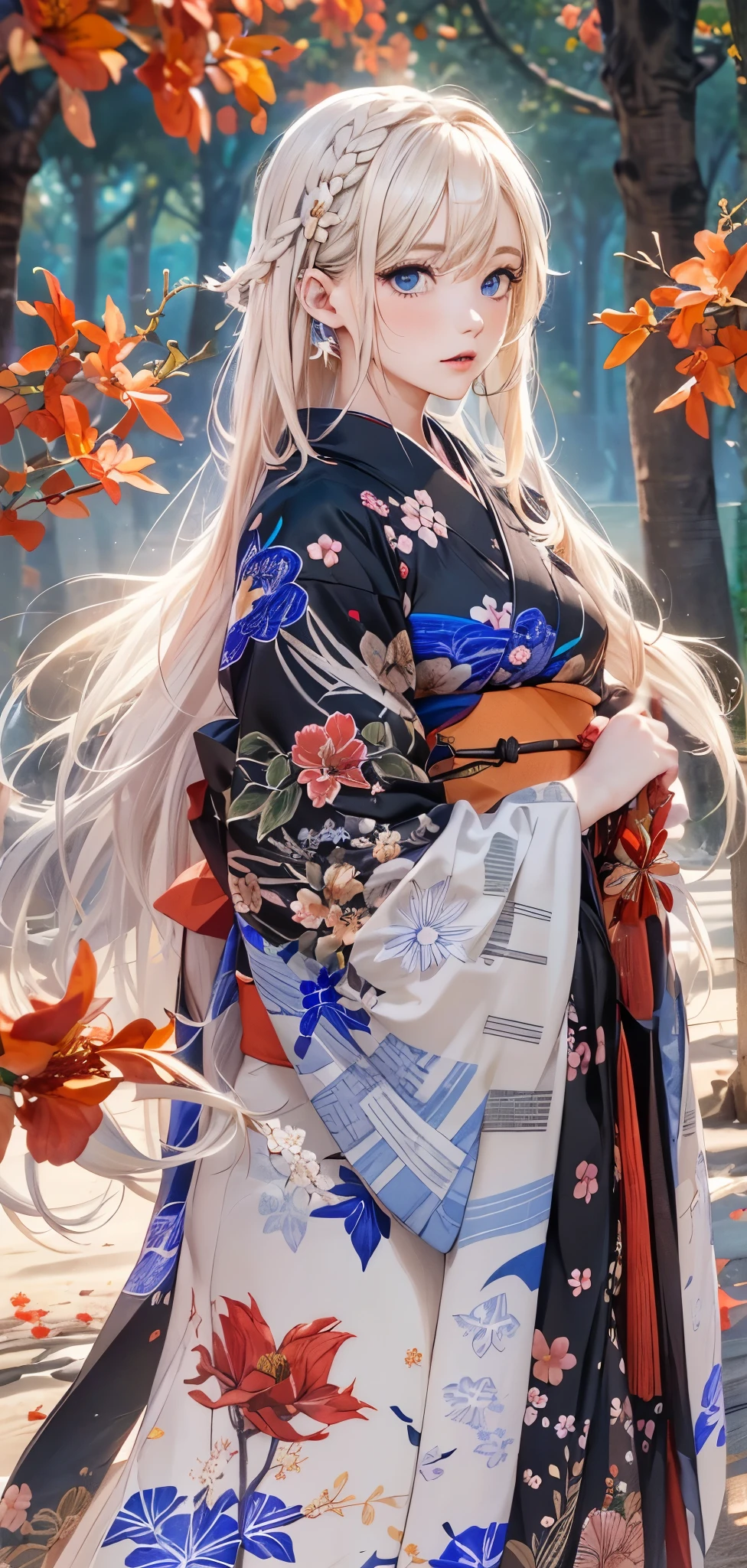 (masterpiece),(highest quality:1.2),(solo:1.5),(Masseter muscle part:1.3),highest qualityの 8K 解像度,Bright colors, soft colors, (Black floral kimono:1.4),(Giant sacred tree:1.3),(A lot of small bright red manjushana flowers are blooming on the ground...:1.4), shrine,blush、(short blonde hair with twin tails:1.3),(parted hair in the middle:1.3),(shining hair),(Cobalt blue eyes:1.3),white skin,hair ornaments,