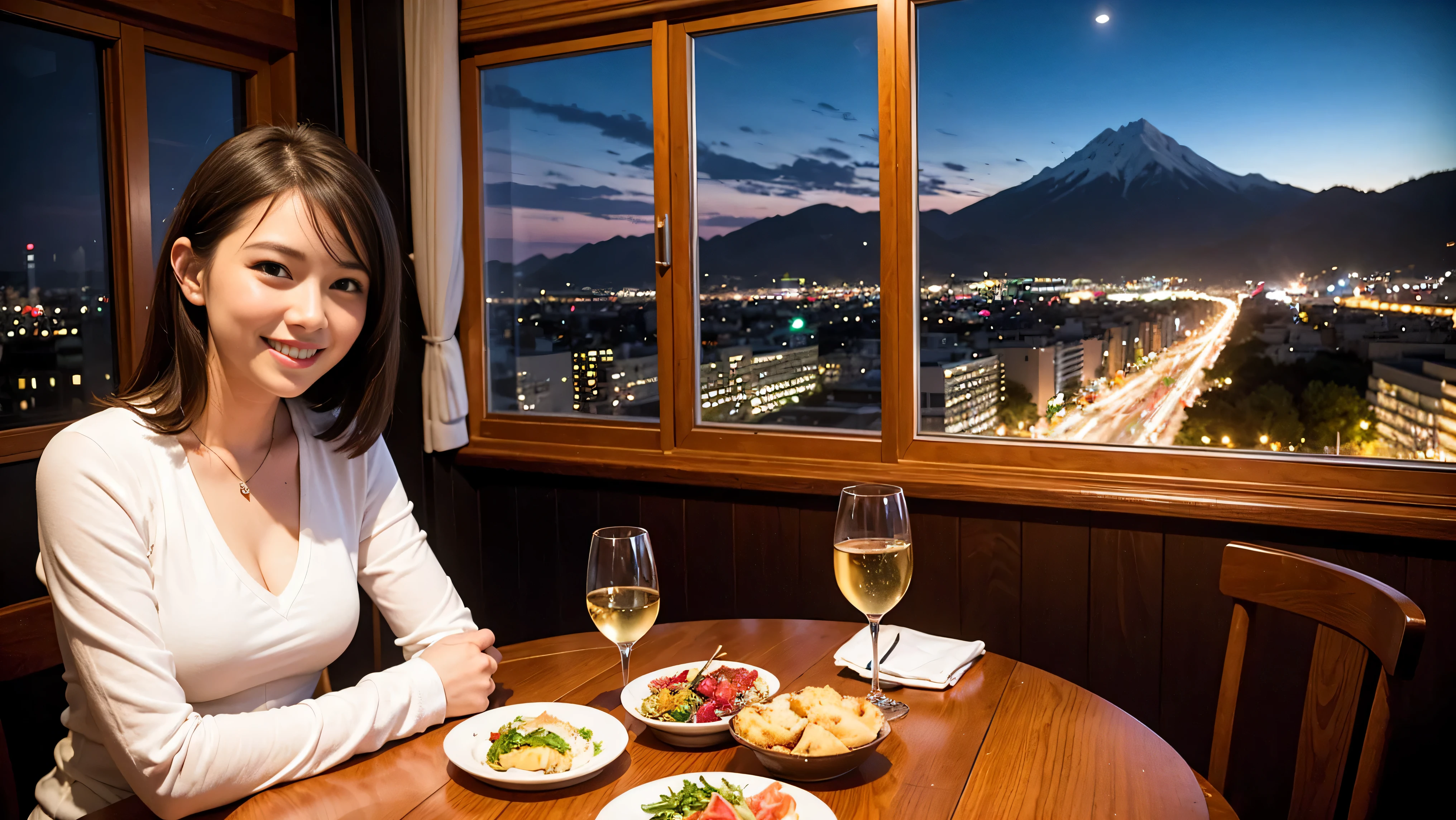 (K UHD, nffsw, top quality, table top: 1.2), (realistic, realistic: 1.37), Spectacular view of the sunset sky and clouds、Amazing mountain views、A bright smile、A lovely woman with a smile、The woman's face is bright、fox face、lady、Wine Party、hors d'oeuvre、Italian food、2 beauties、brown hair、shortcut、long sleeve shirt、winter fashion、dress、Japanese、Englishman、Dutch、German、Belgian、Italian、French,wine bottle、hors d'oeuvre、Champagne、sparkling wine、Pretty Woman 1, (slim face), (Because I'm slender), (brown hair), (shortcut), cheeks turn a little red, (40 years old), 38 years old, attractive beauty、, A beautiful and detailed night view spreads out outside the window.........., restaurant, sitting in a wine glass, At night, in a prominent place (from the waist up) nova frog style, actress, model, Upper body, White wine, slim, wine glass, very beautiful night view, wine glass placed in the middle, Smile, (smile: 1.15), beautiful small eyes,