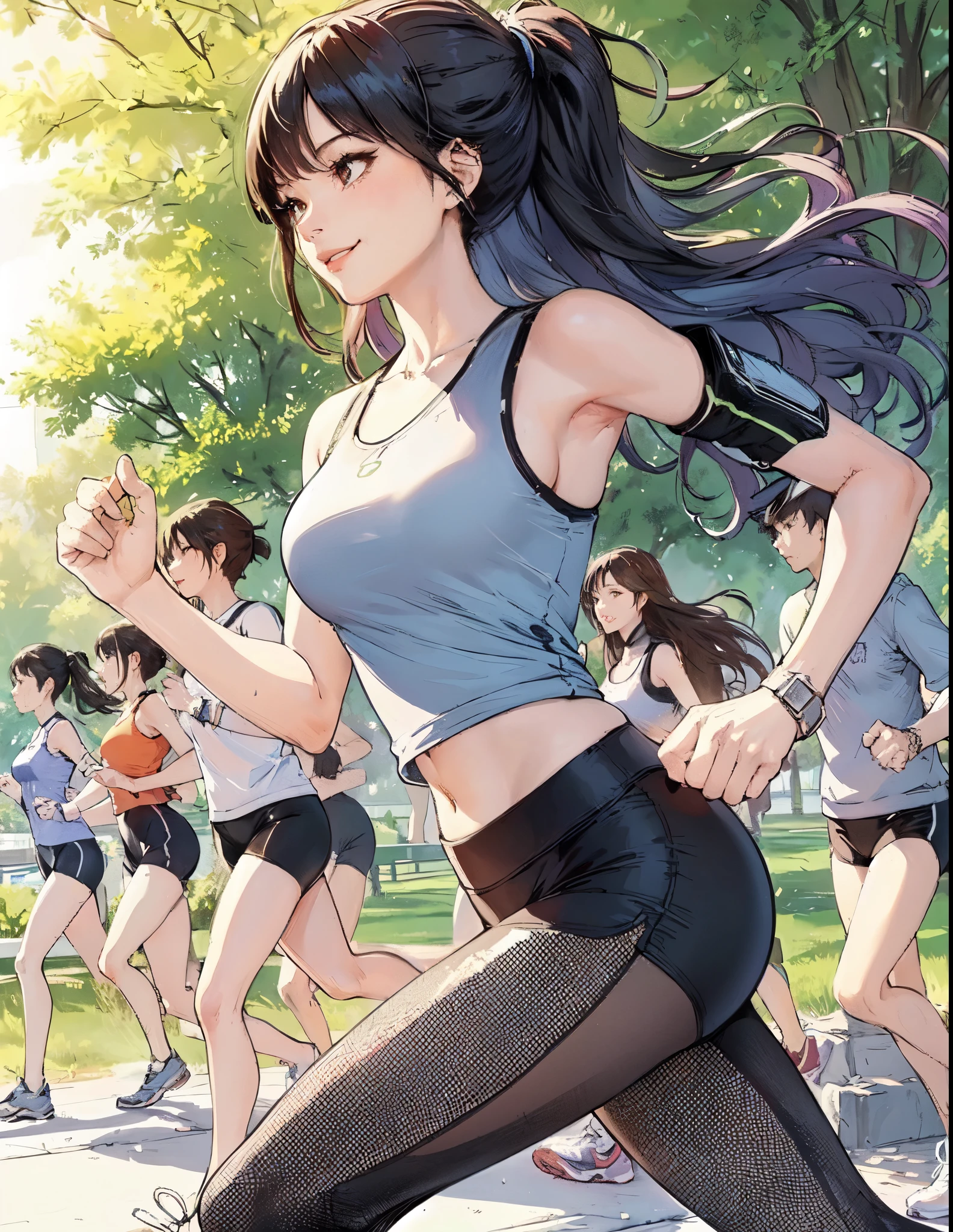 1lady solo, running, (dynamic posing), (running wear) stylish, leggings, arm belt, mature female, /(black hair/) bangs, light smile, (masterpiece best quality:1.2) delicate illustration ultra-detailed, large breasts BREAK (urban park) outdoors, crowded, lawn, trees, detailed background