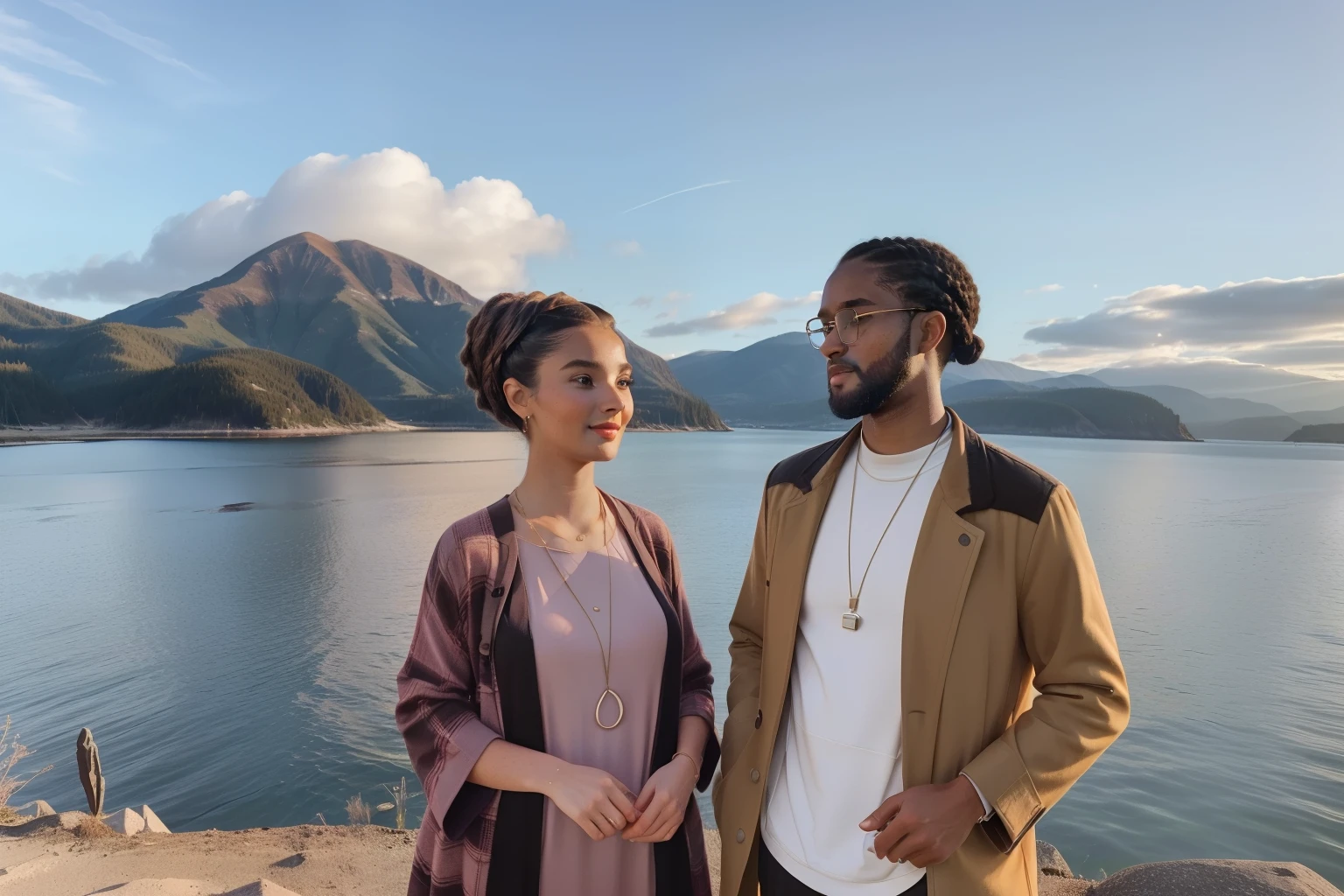 Sowell Bay, Washington, 2023. A young ((((30-year-old)) Cameron Cassmore)), with an old lady, ((((clothings from the 2020s)))), ((hairstyle of the 2020s))