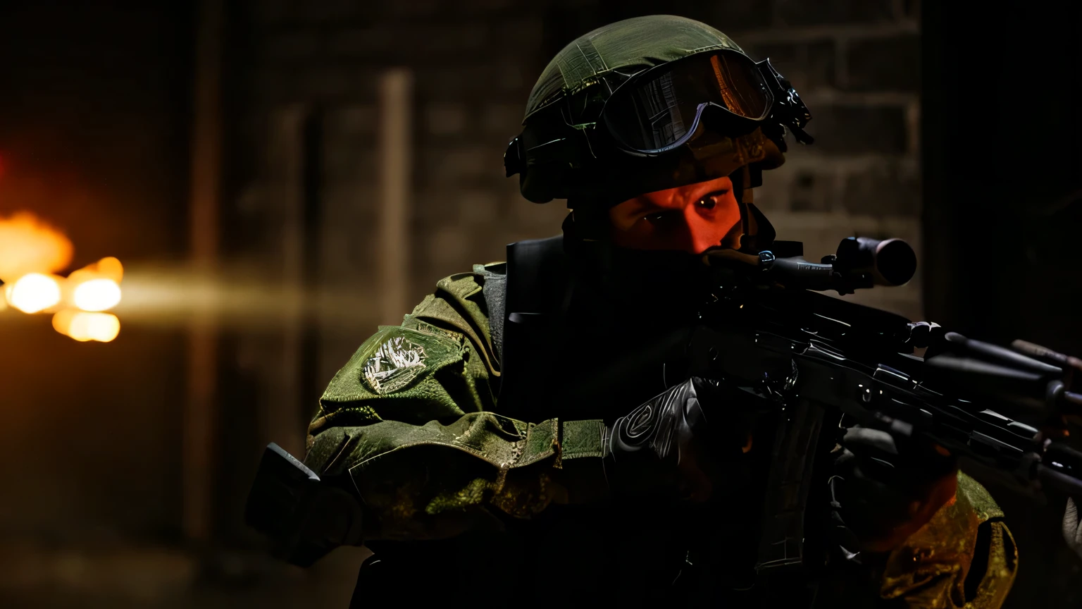 arafed soldier with a gun in a dark room, rb 6 s, rb6s, cs:go screenshot, rb6s), fps shooter game, counter strike, fps game, masterpice, a soldier aiming a gun, spec ops mask, muzzle flash, warzone background, 4k post, 4 k post, hq 4k wallpaper Soldier with dark uniform and rifle, ruined background, realistic, stylish, goatee, brown hair, buzz hair, tactical vest, intricate details, hyperdetailed, cinematic, rim light, danger atmosphere