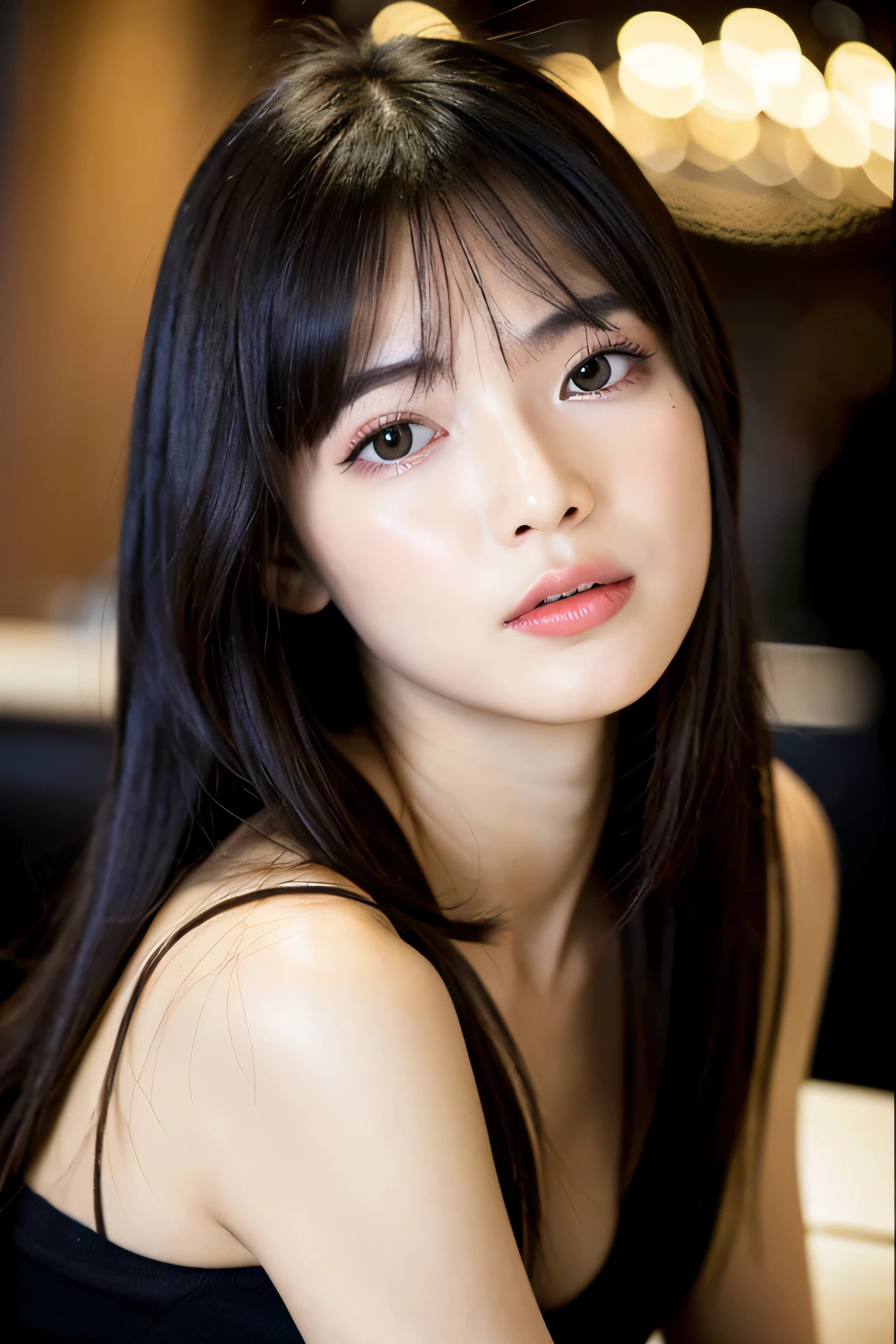 ((highest quality)), ((masterpiece)), (be familiar with), perfect face　((highest quality)), ((masterpiece)), (be familiar with), perfect face　arafed woman with long black hair standing in front of a wall, long black shiny hair, black silky hair, Extra Dark Natural Black Hair, long straight black hair, long black straight hair, Perfect silky straight hair, straight black hair, long black hair, her hair is long and straight, detailed long black hair　(Extremely huge breasts 1.8)　(super long hair down to ankles)　One female　28 years old Japan&#39;s sexiest cabaret club girl　sleeping face　neat bangs　The neatly arranged bangs are a princess cut that covers the entire forehead.　bright red lip　(Close-up from neck up)　detailed hands　detailed fingers　five fingers　(narrow mouth)　natural makeup　(head facing forward)　I&#39;m sitting at the bar counter　Take a picture of the whole body　My hand is on my crotch.　I&#39;m masturbating　professional photographer　five fingers　　Detailed hair quality　detailed skin texture　sensual look　erotic expression　expression of pleasure　sleeping face
