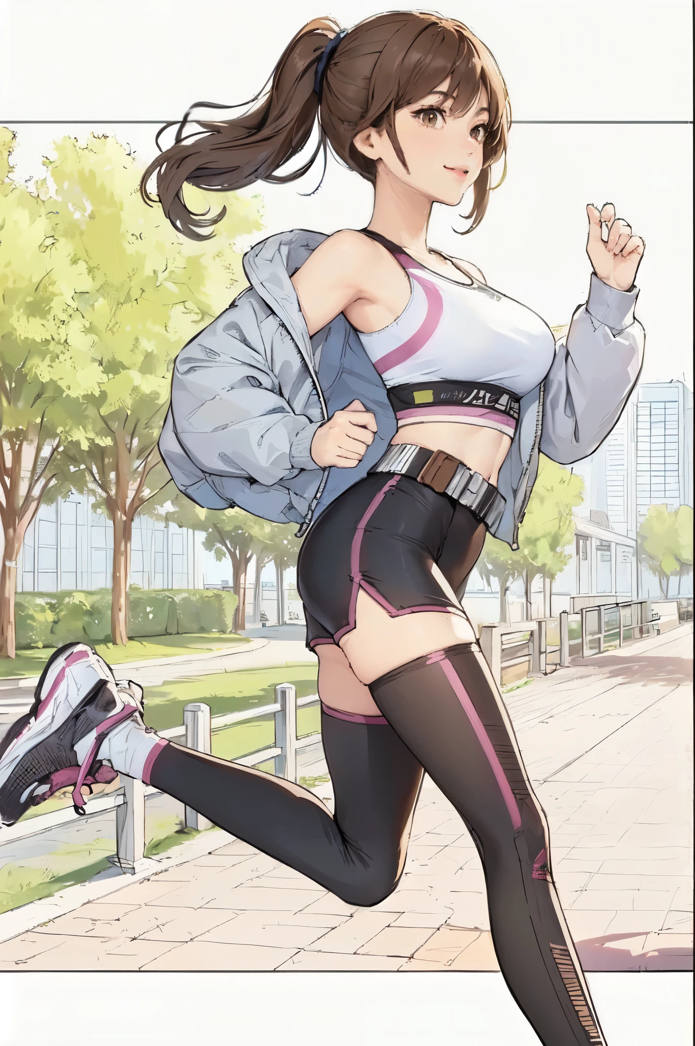 1lady solo, running, (dynamic posing), (running wear) stylish, leggings, arm belt, mature female, /(brown hair/) bangs, light smile, (masterpiece best quality:1.2) delicate illustration ultra-detailed, large breasts BREAK (urban park) outdoors, crowded, lawn, trees, detailed background