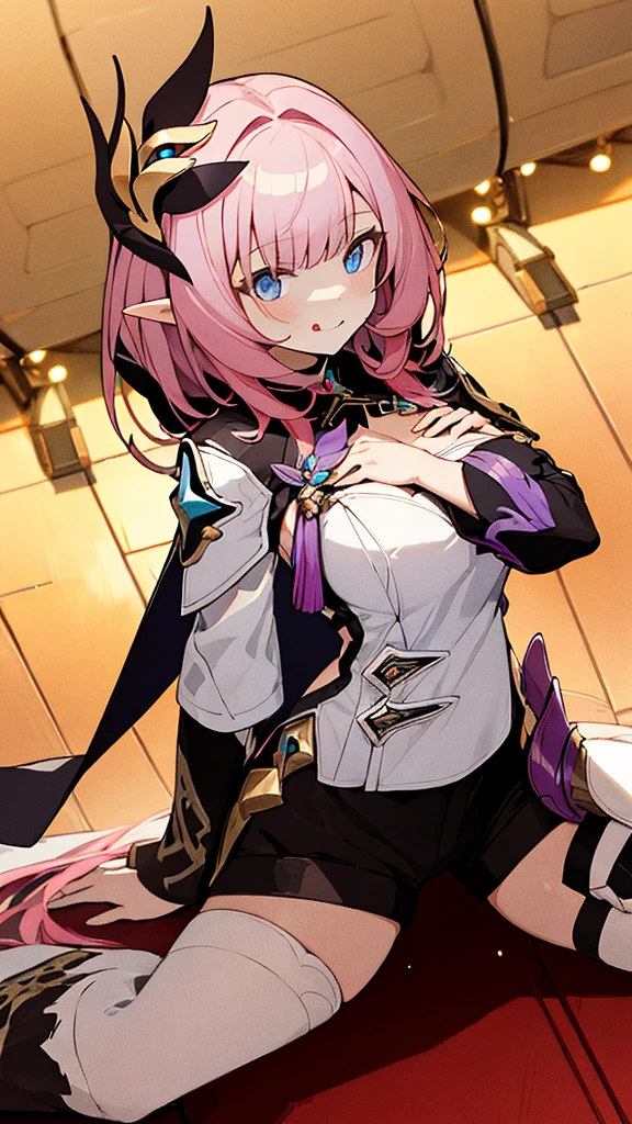 (realistic painting style:1.0), masterpiece, 最high quality,  confused, ((full body)),Elysia (miss pink goblin) (Honkai Impact), slit pupil, Elysia (Honkai Impact), goblin, pointy ears, 1 girl, chest, cleavage, alone, pink hair, tongue, tongue out, large chest, looking at the viewer, shorts, hair ornaments, black shorts, blue eyes, bangs, long hair,  black knee high boots, smile, short shorts, closed mouth, long sleeve, sitting, pink eyes, ((highly detailed background)), (((cowboy shot,dynamic angle)))，1 girl,,(shiny skin:1.3),(Beautiful and dense skin),(thin hair), masterpiece, high quality, High resolution, confused,(beautiful and aesthetic:1.2), beautiful hands, (4k), 8K, perfect balance,(Highly detailed CG Unity 8K wallpaper), perfect hands, embarrassing, blush, light_vestige,intricate details,Depth of written boundary, extremely delicate and 美しい,professional photography, Bokeh, High resolution, sharp details, 最high quality, thick thighs,beautiful eyes, beautiful background, outdoor，