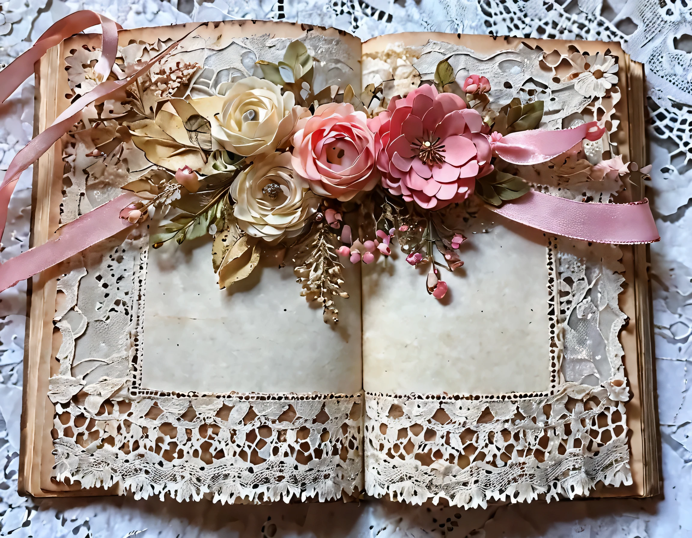 ((highest quality)),Junk Journal,art,Page Ideas,antique style,Old paper,collage,kind,pink,girly.lace ribbon,flower,Material Paper,overhead shot,