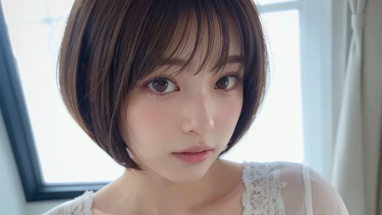 (bob cut hair:1.2),(wearing a blouse:1.2),1 girl,Japanese,21 years old,(small breasts:1.3),(highest quality,masterpiece:1.3,超A high resolution,),(Super detailed,caustics),(Photoreal:1.4,RAW shooting,)ultra-realistic capture,very detailed,High resolution 16K human skin close-up。 natural skin texture、,The pores are、、、、、、、Must be detailed enough to be easily identified。 Skin should look even-toned and healthy。 Use natural light and color, sad expression, look at the camera, perfect dynamic composition, my room