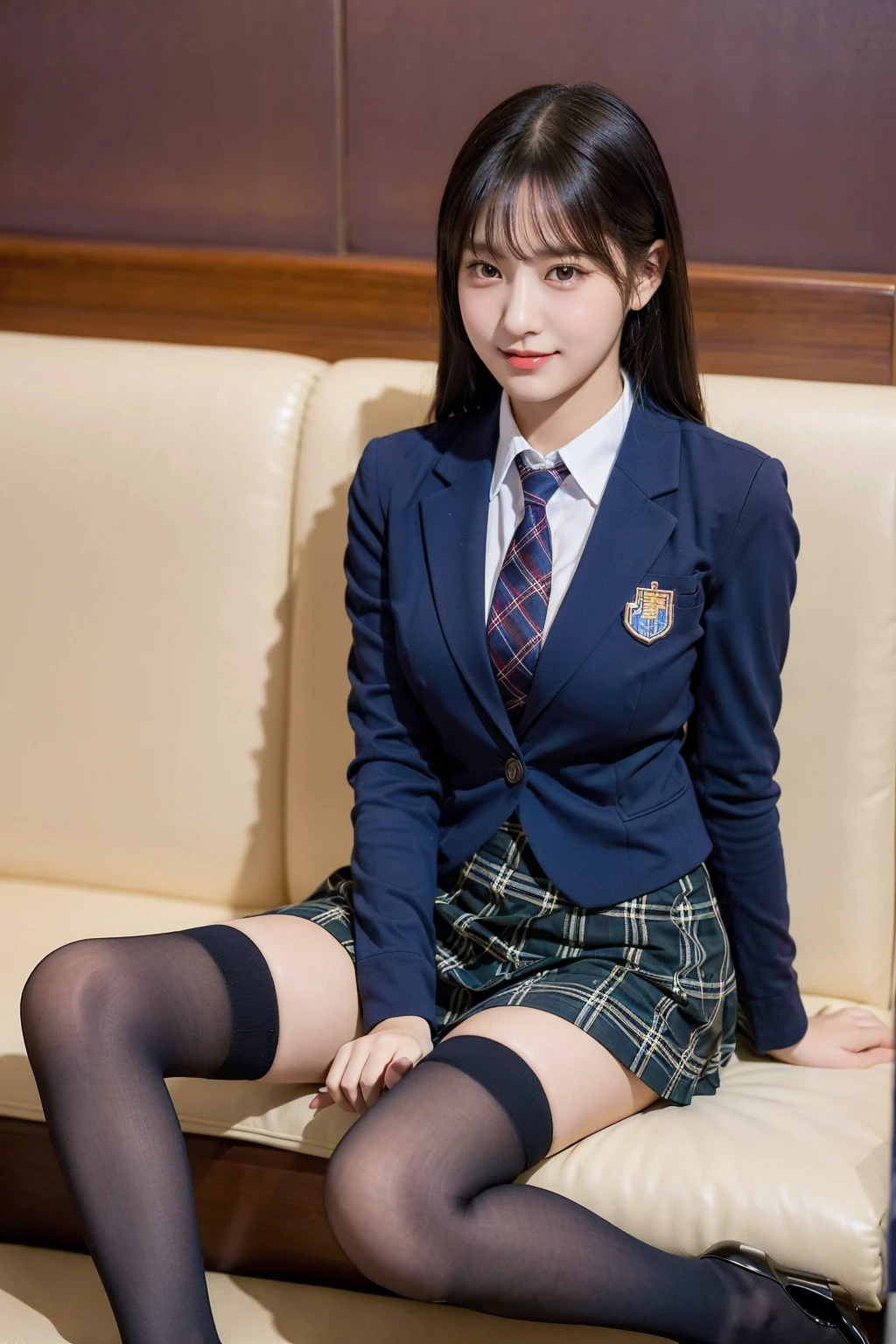 (8K), (highest quality: 1.2), (realistic), (realistic: 1.37), ultra high resolution, 1 girl, cute, smile, closed mouth, beautiful details, beautiful nose, beautiful black hair,,giant dulcefo, pork, thighs,self snap,University Student Uniform,Sitting on a couch in a fast food restaurant,simple blazer,pleated skirt,(The pattern of the skirt and tie is a tartan check pattern...:1.3), (close up on face),(光沢のあるthighs),From above,(Opaque blue knee-high socks:1.2)