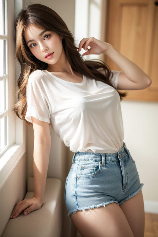 perfect photo, (masterpiece), best quality, expressive eyes, perfect face, Perfect hands, High resolution, high image quality, realistic skin texture, Realistic, Japanese, Girl, 14 years old, Light Brown hair, bangs, Long Hair, brown eyes, big eyes, small face, blush, smile, Flat Chest, V-neck T-shirt, shorts, bed, Sitting, Spread your legs and show your crotch, Outside the window is the Blue sky and clouds, nfsw